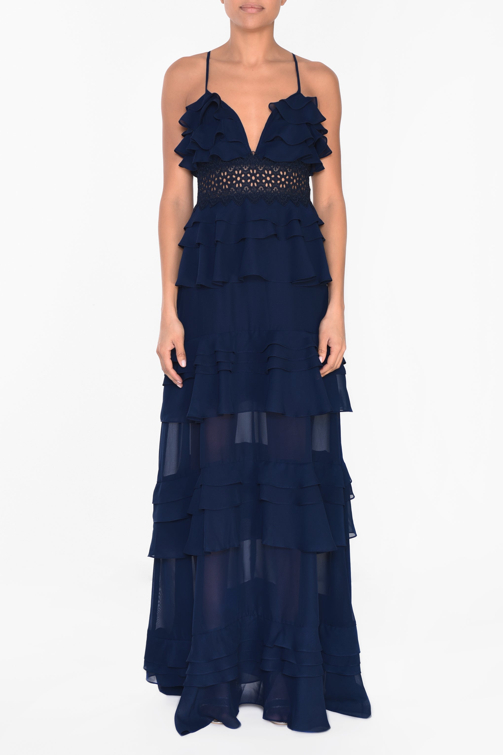 True Decadence Sophia Navy Tiered Ruffle Maxi Dress 6 Navy