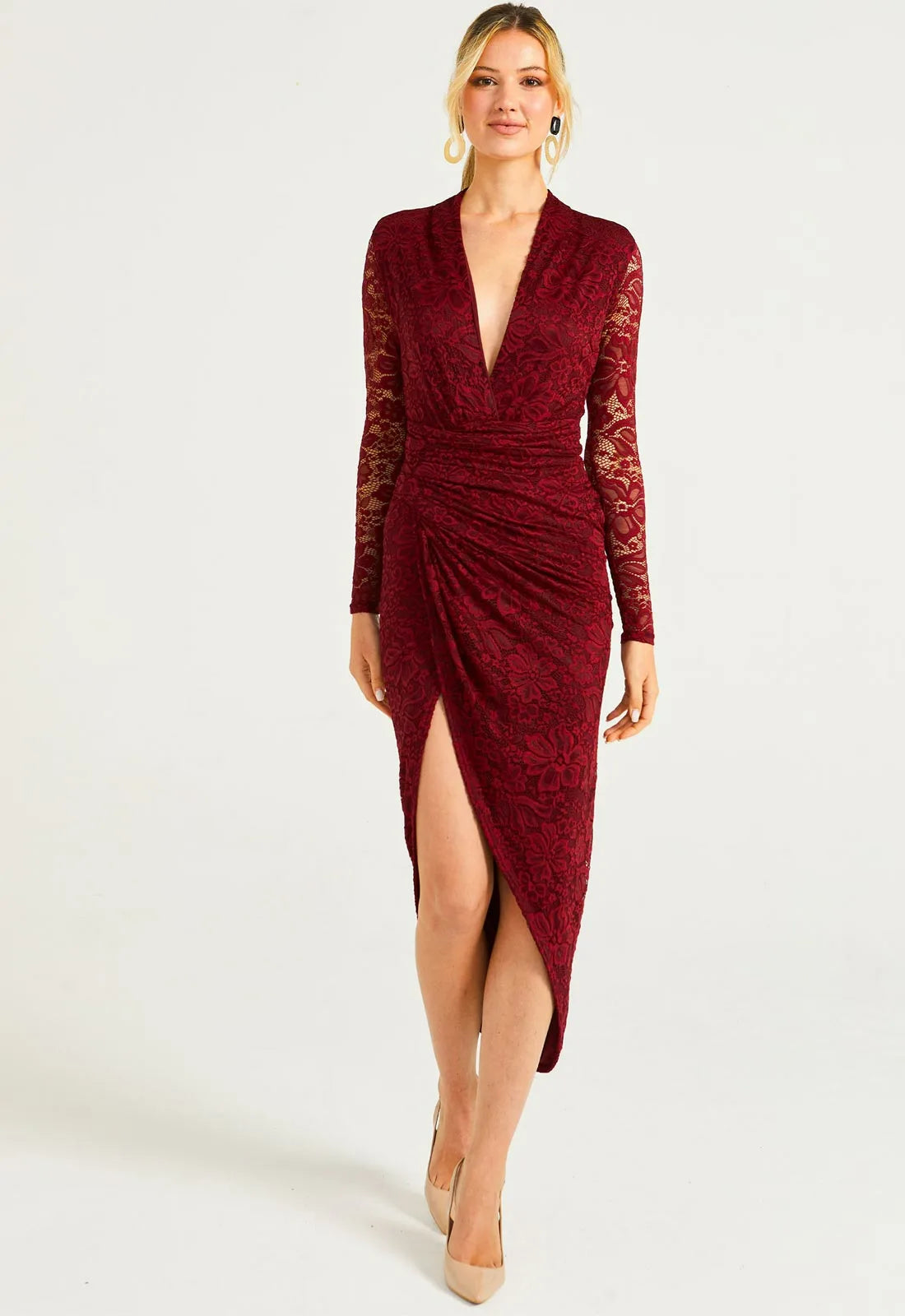 Lace long sleeve burgundy dress best sale