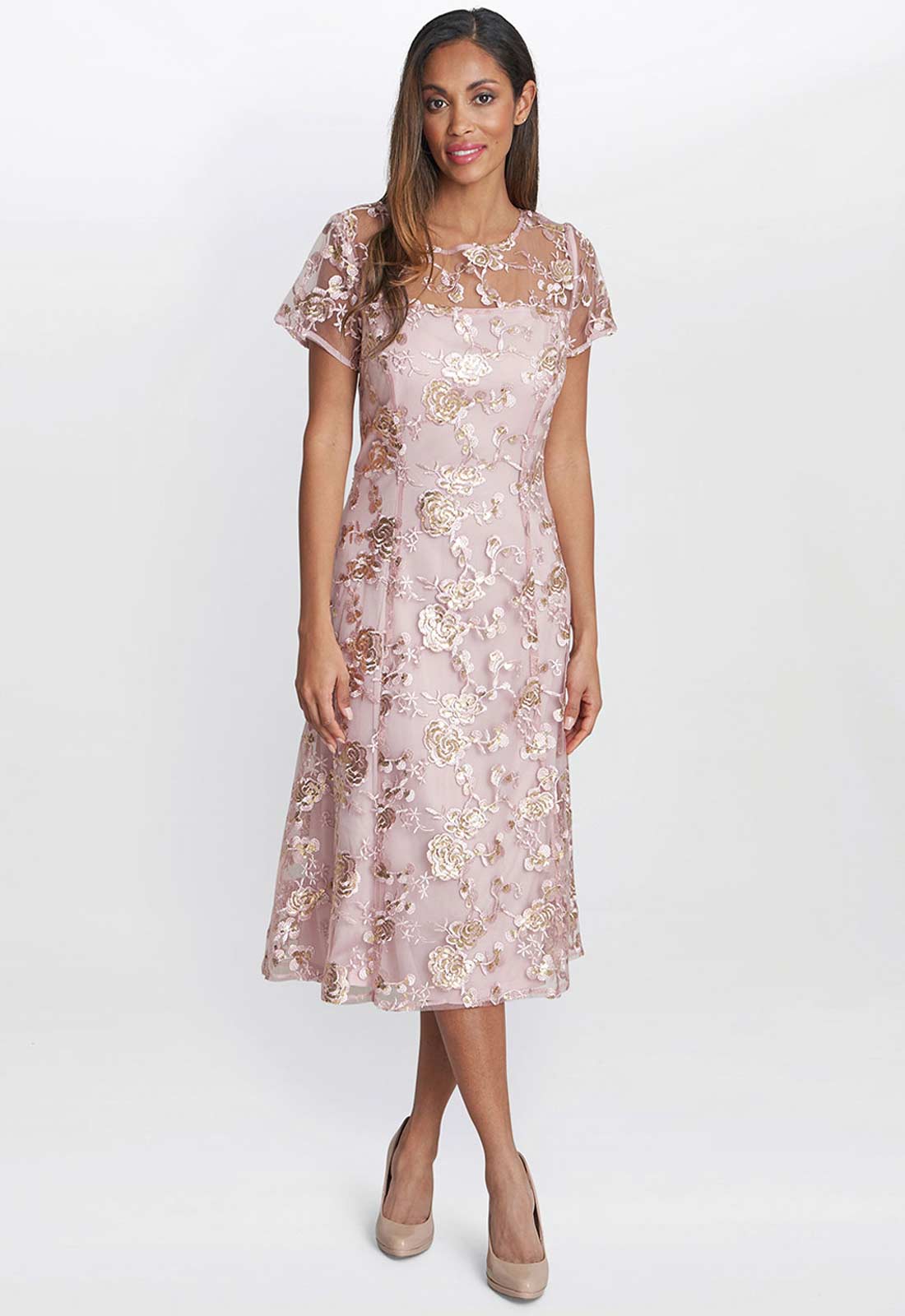 Gina Bacconi Pink Davina Embroidered A Line Dress 8 Blush