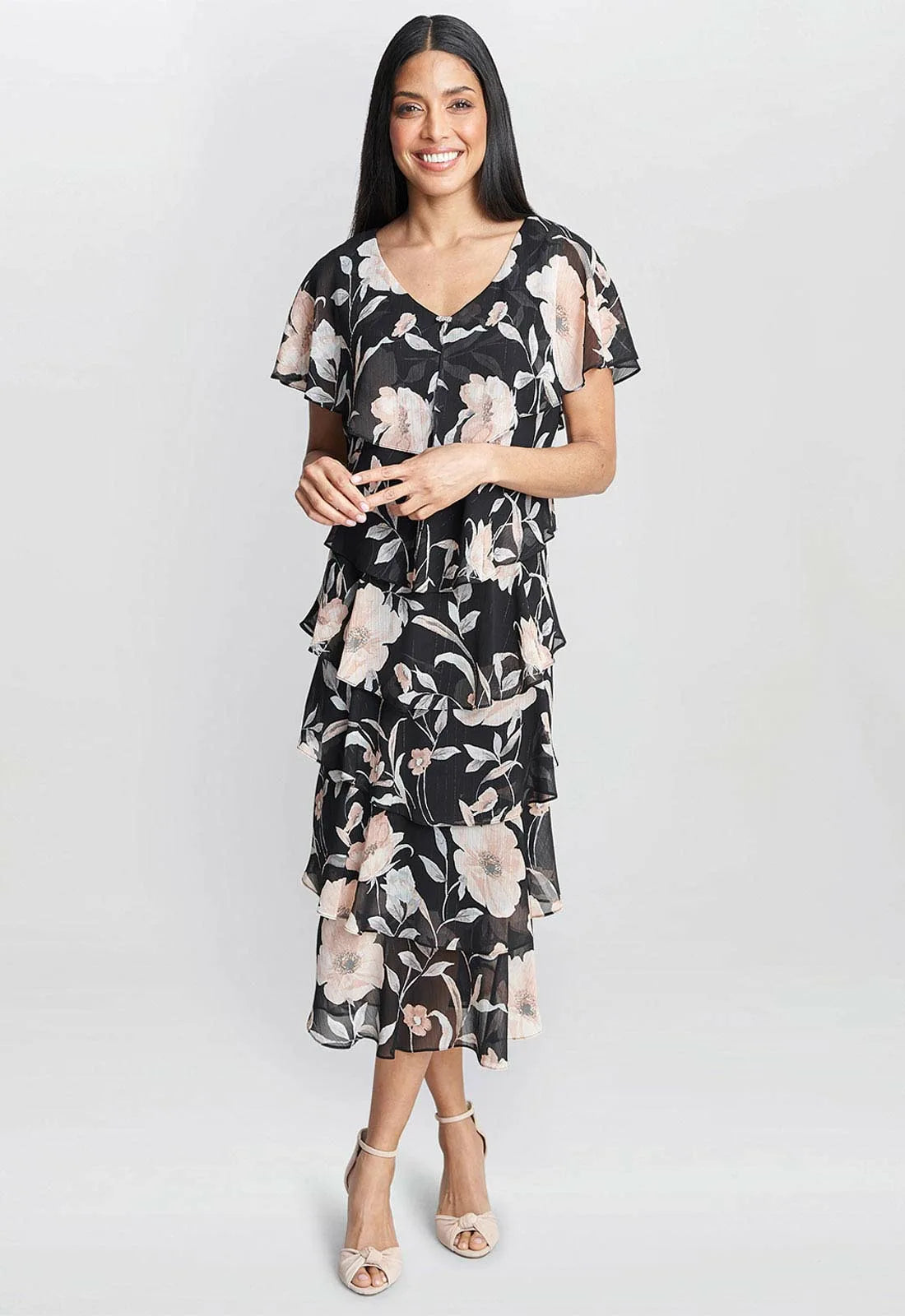 Gina Bacconi Frances Printed Midi Tiered Dress With Trim 10