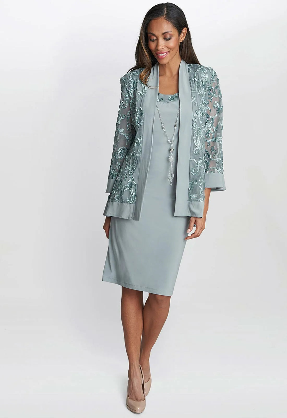 Gina Bacconi Sage Beverley Dress and Jacket with Necklace 8