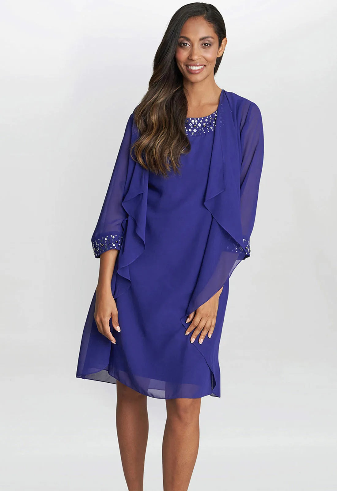 Gina Bacconi Blue Joseline Jacket Dress With Beaded Neckline 10