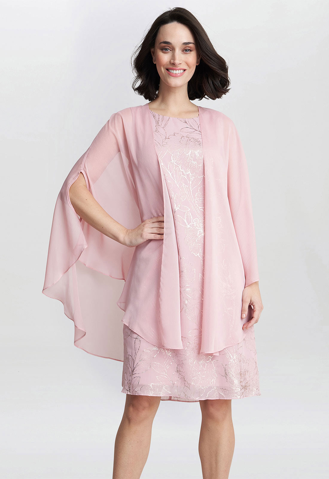 Gina Bacconi Pink Floral Dress And Chiffon Cape Dress 8 Rose Pink