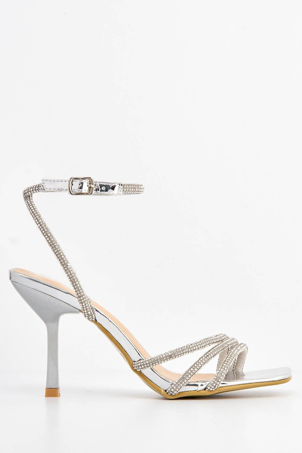 Silver three strap heels online