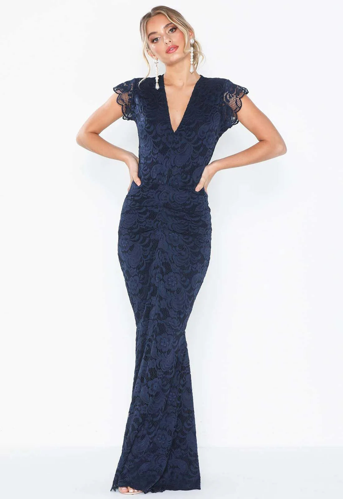 Honor Gold Lana Navy Lace Fishtail Maxi Dress