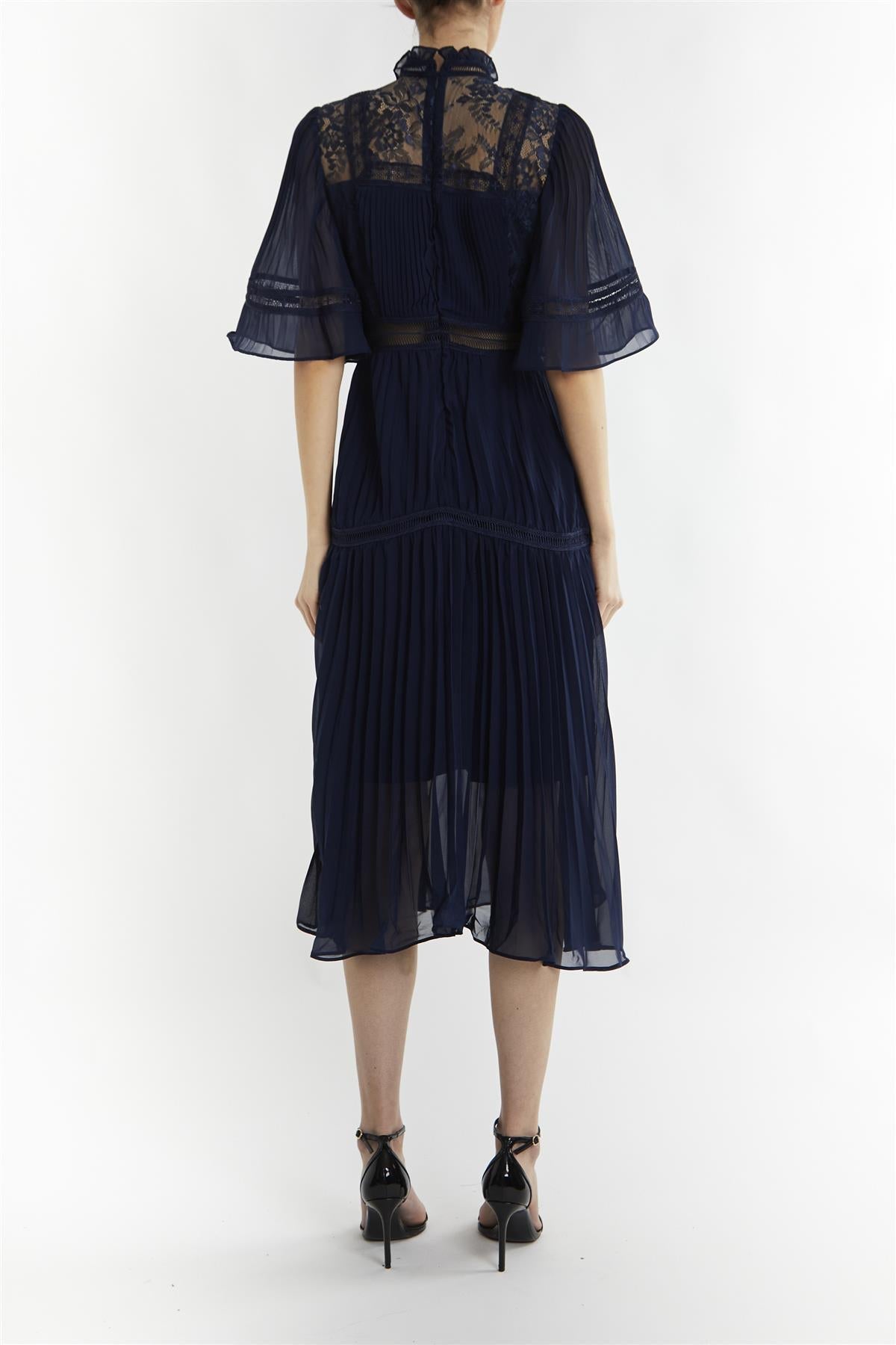 Ellie Navy Mixed Lace Pleated Midi Dress-image-2