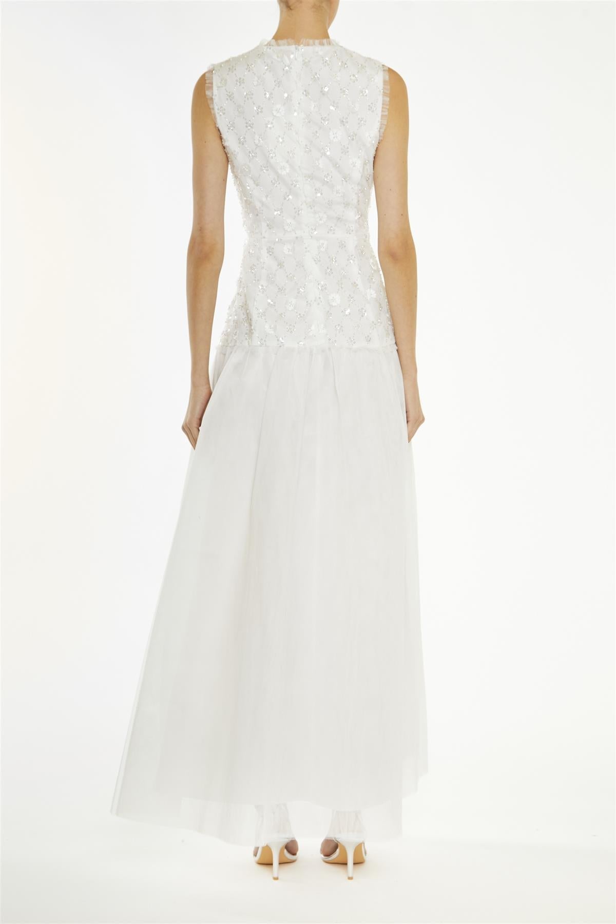 True Decadence White-Beaded Ophelia Floral Dropped-Waist Maxi-Dress