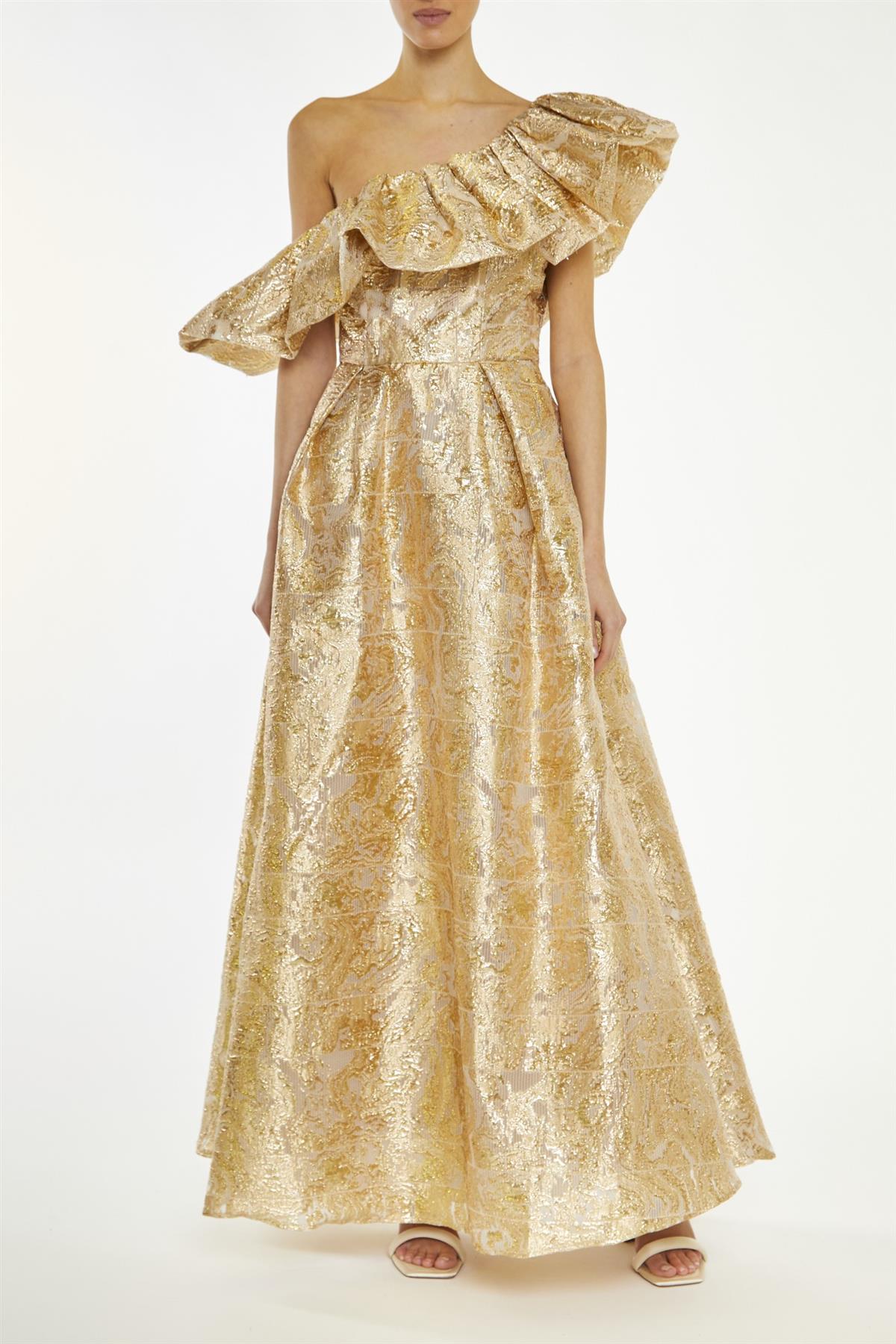 True Decadence Gold Blake Translucent-Jacquard Puff One Shoulder Maxi-Dress