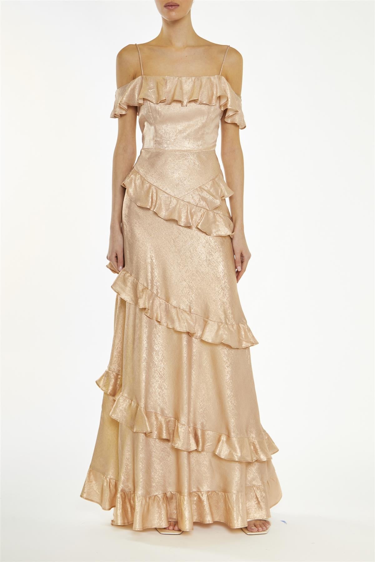 True Decadence Metallic-Copper Drew Cold-Shoulder Ruffle Maxi-Dress