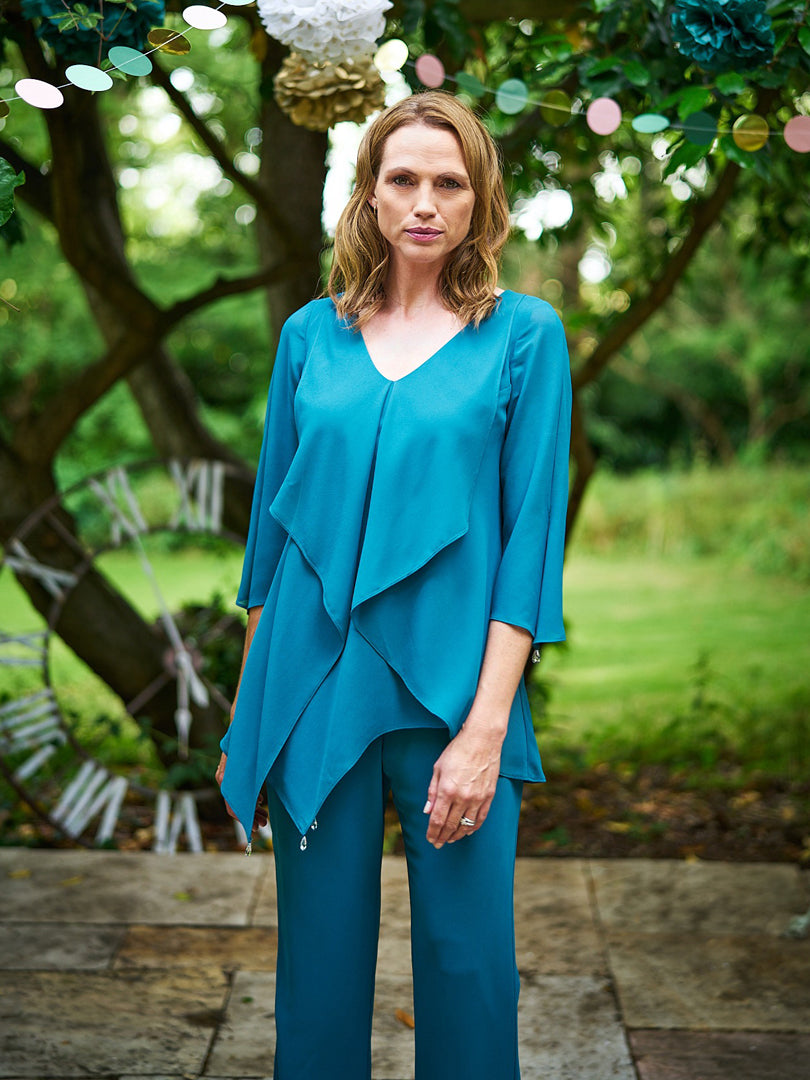 Gina Bacconi Teal Wilma Chiffon Trouser Suit With Asymmetric Blouse