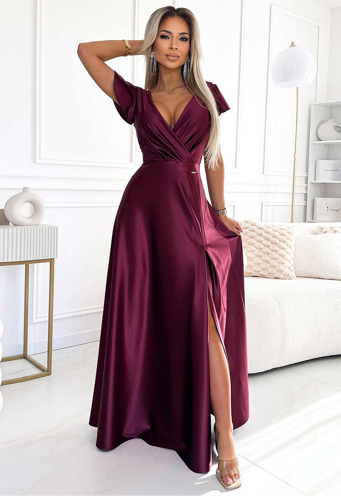 LBD Exclusive Burgundy Satin Crystal Maxi Dress