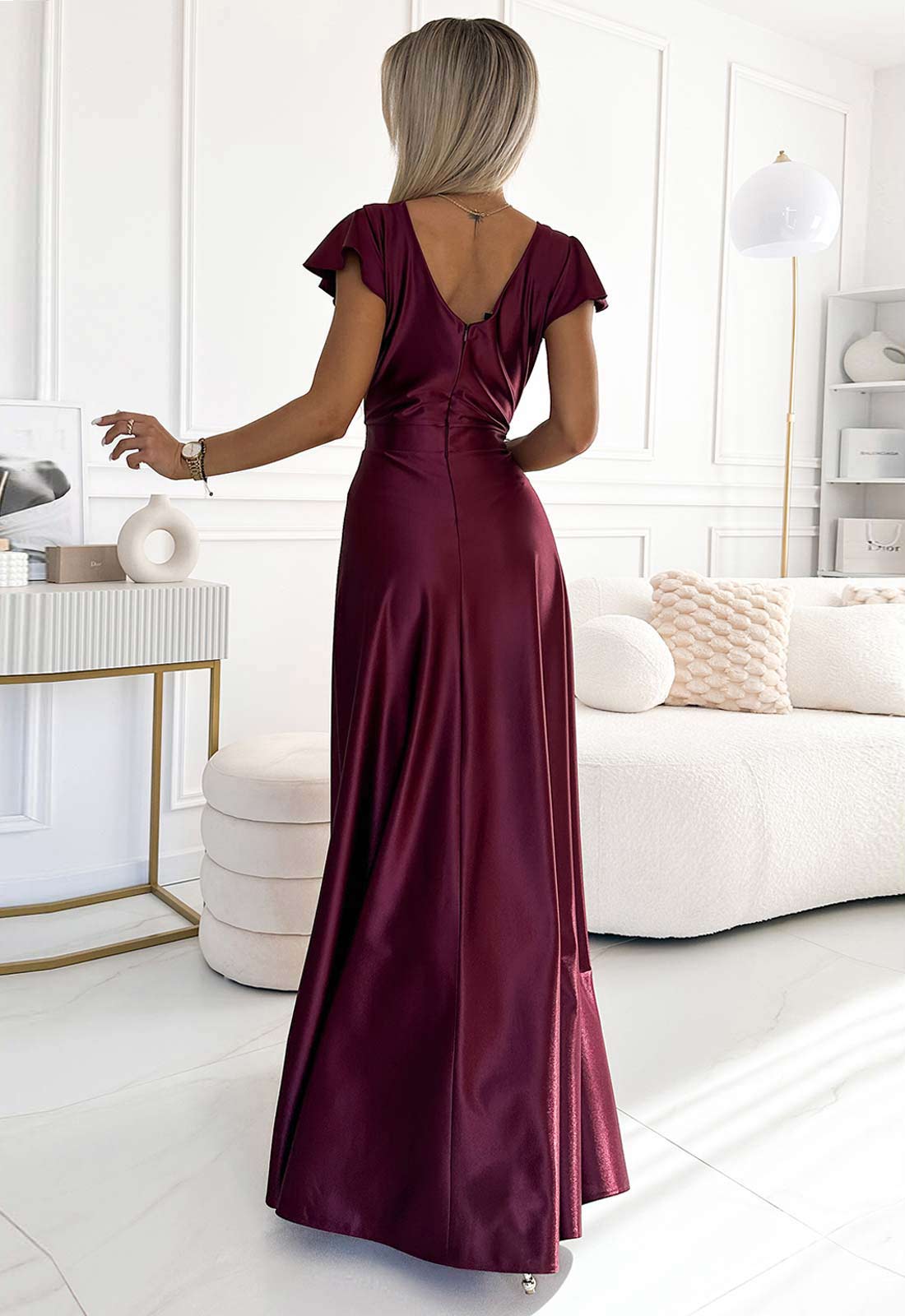 LBD Exclusive Burgundy Satin Crystal Maxi Dress