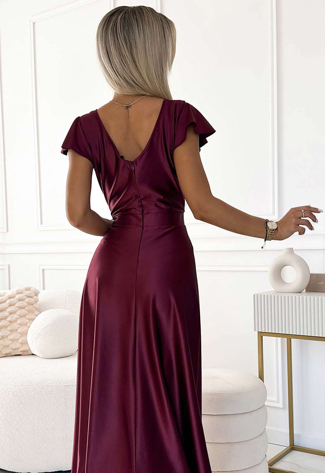 LBD Exclusive Burgundy Satin Crystal Maxi Dress