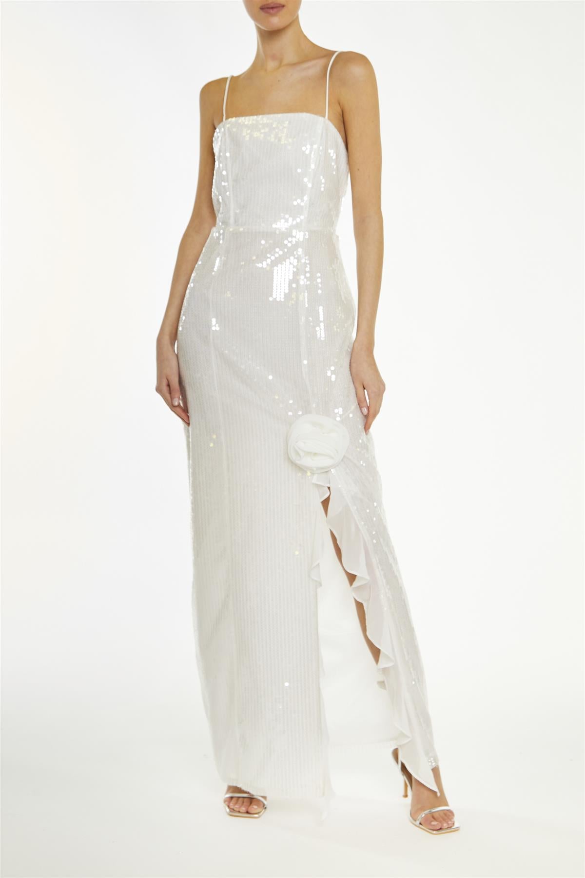 True Decadence White Crystal Translucent-Sequin Ruffle-Split Maxi-Dress