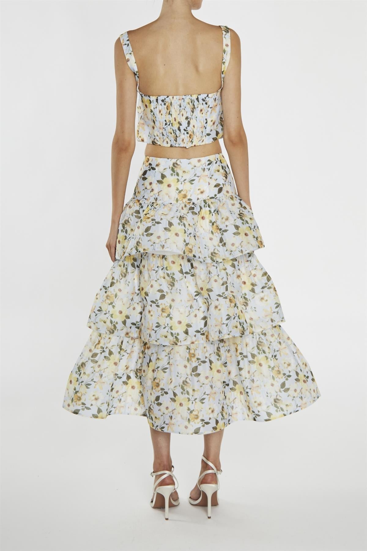 Maisie Co-ord Pale-Blue Flower Organza Tiered Ruffle Midi-Skirt-image-2