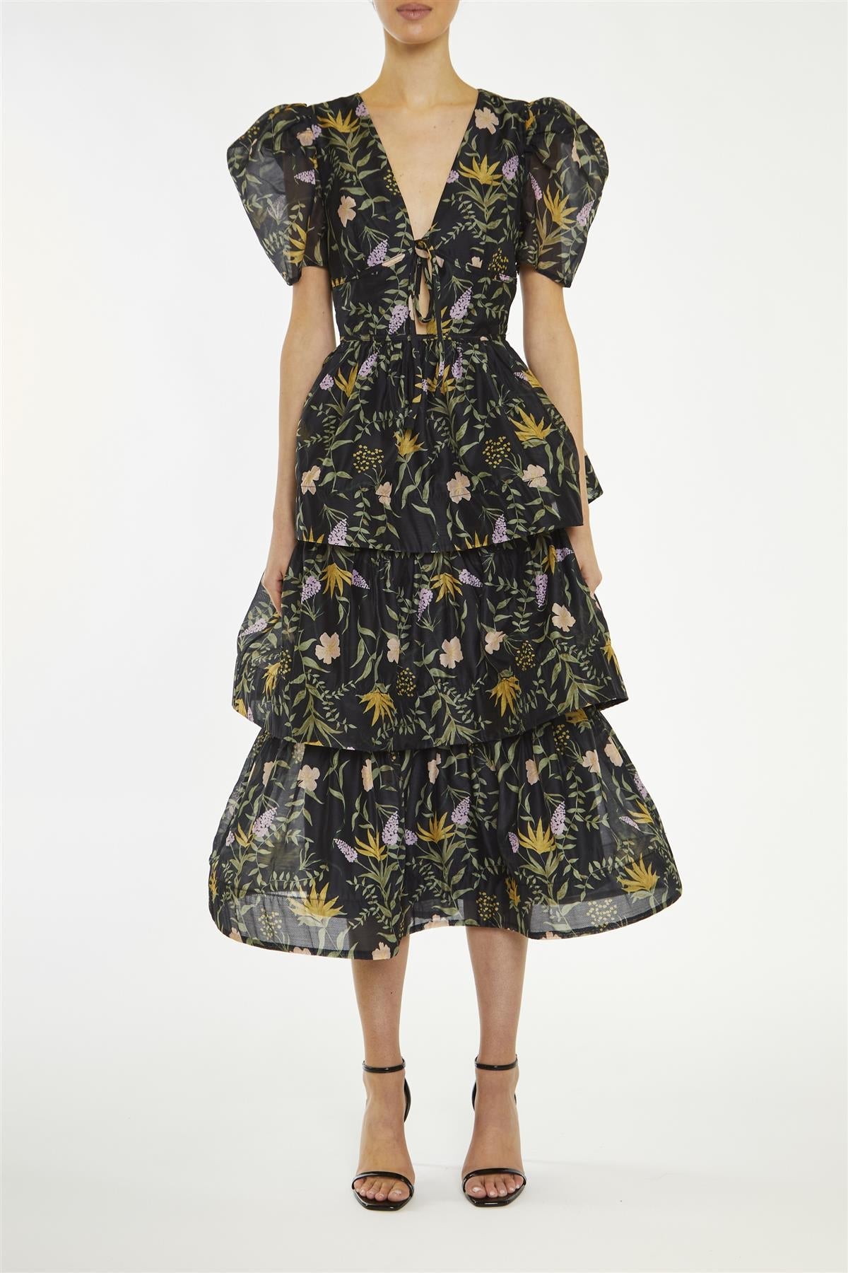 True Decadence Black-Stem Ariella Nature-Floral Tiered Midaxi-Dress