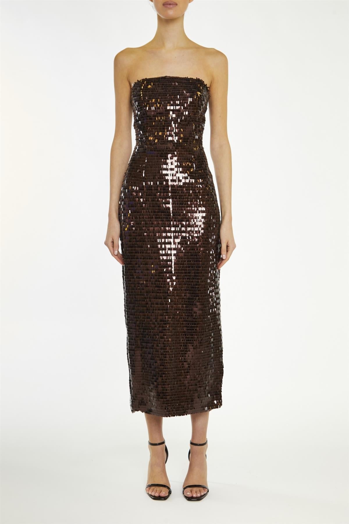 True Decadence Chocolate-Sequin Paris Bandeau Tailored Midaxi Dress