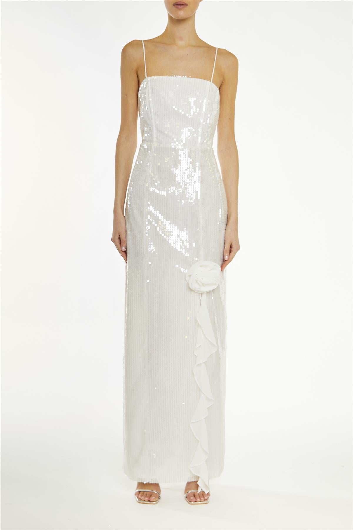 True Decadence White Crystal Translucent-Sequin Ruffle-Split Maxi-Dress