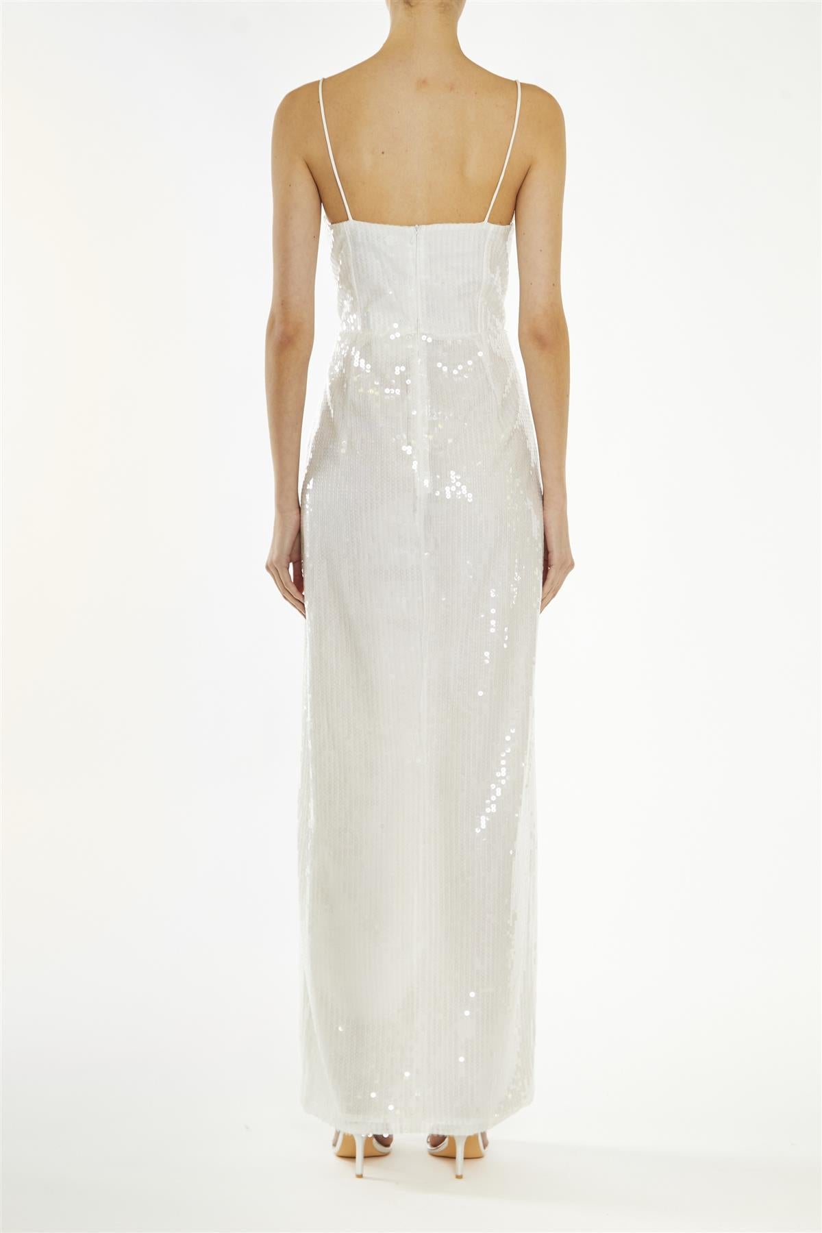 True Decadence White Crystal Translucent-Sequin Ruffle-Split Maxi-Dress