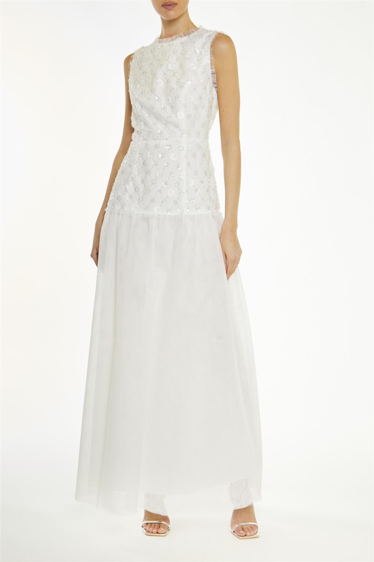 True Decadence White-Beaded Ophelia Floral Dropped-Waist Maxi-Dress