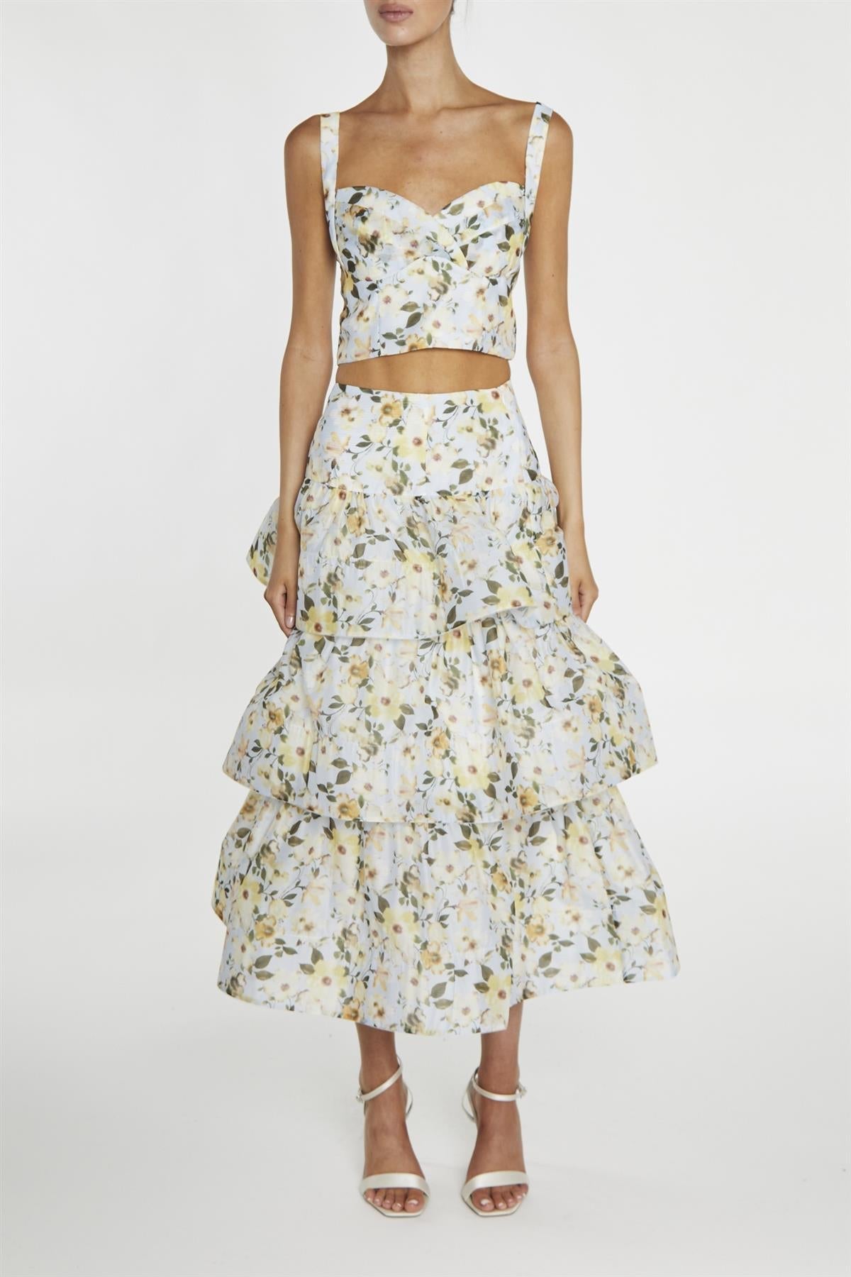 Maisie Co-ord Pale-Blue Flower Organza Tiered Ruffle Midi-Skirt-image-1