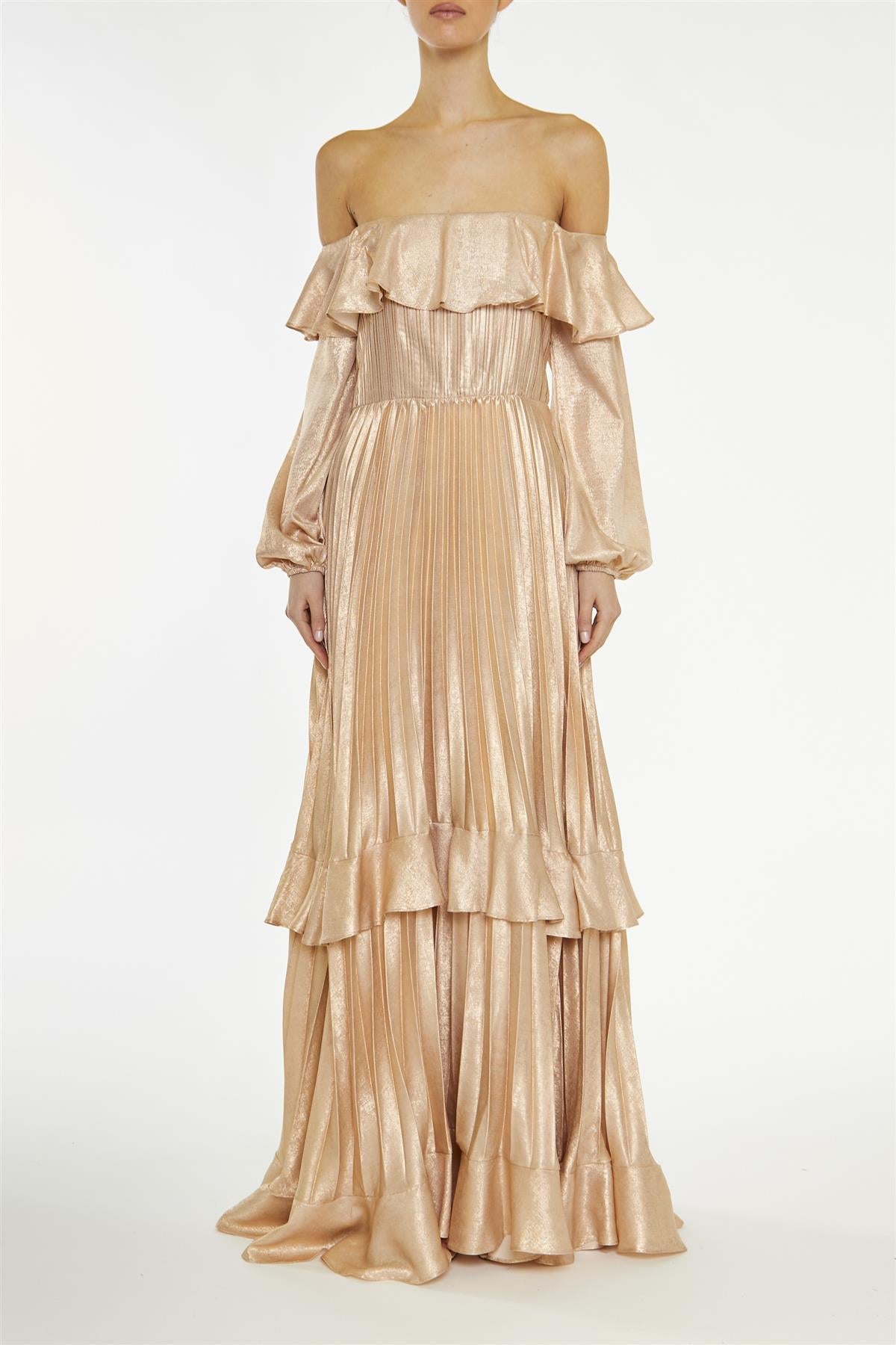 True Decadence Metallic-Copper Adrianna Pleated Bardot Maxi-Dress