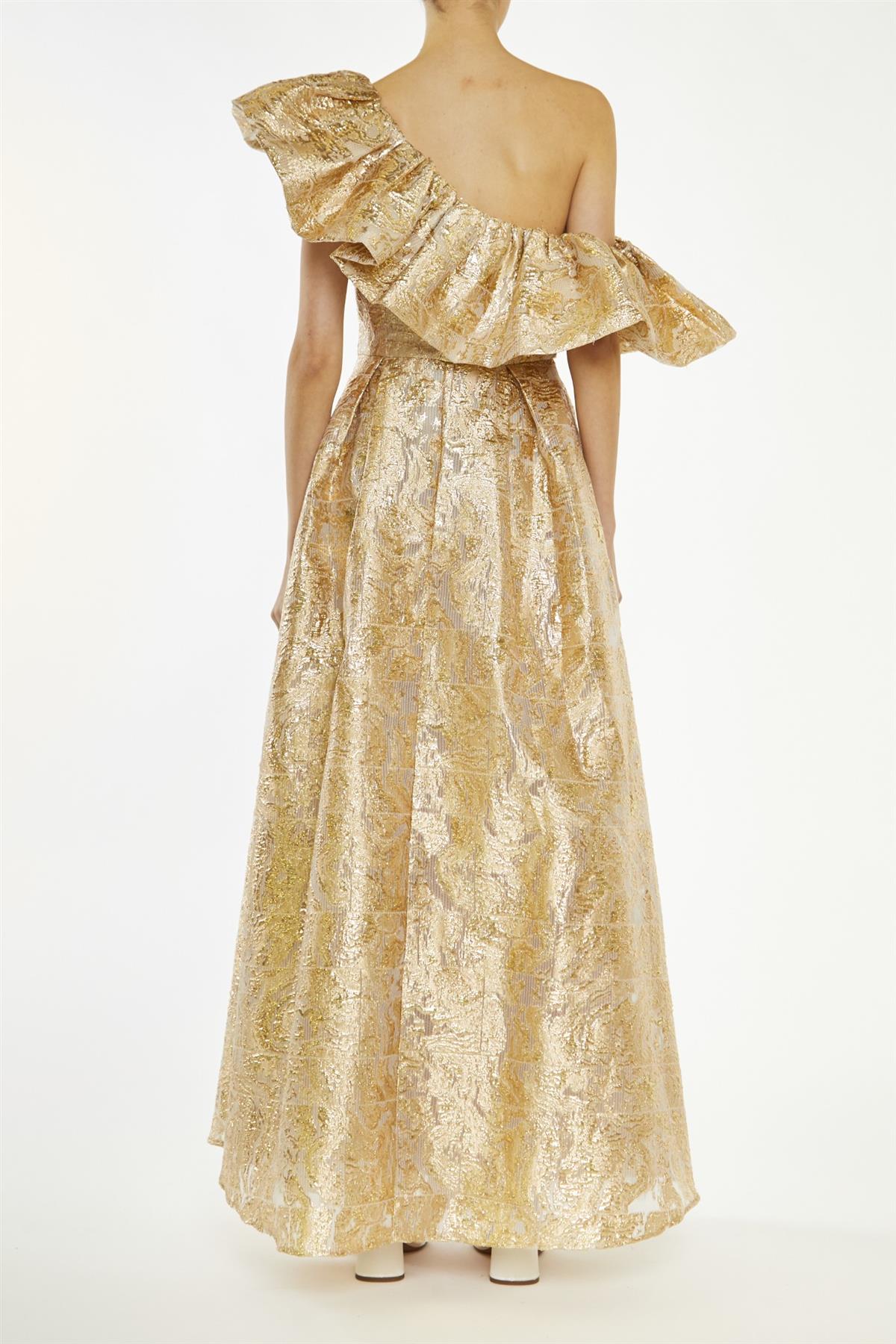 True Decadence Gold Blake Translucent-Jacquard Puff One Shoulder Maxi-Dress