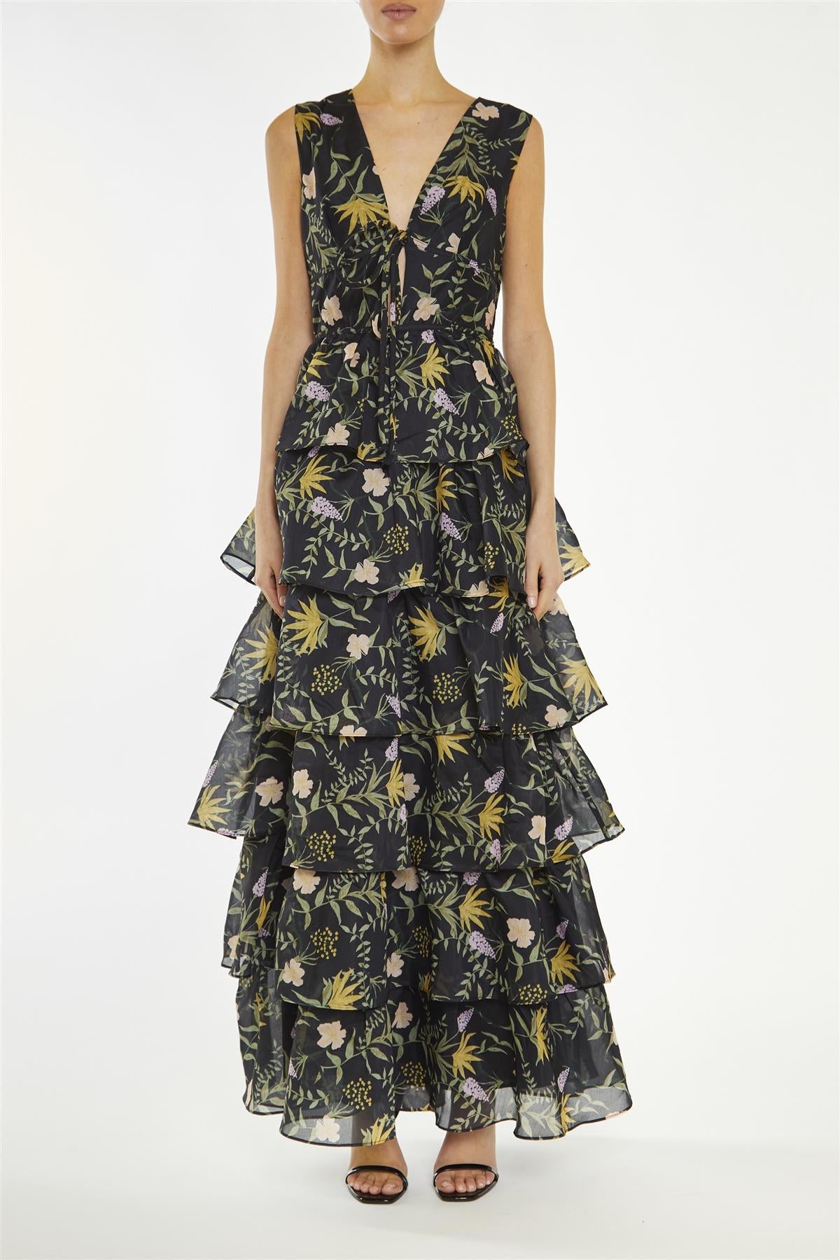 True Decadence Black-Stem Genevieve Nature-Floral Tiered Maxi-Dress