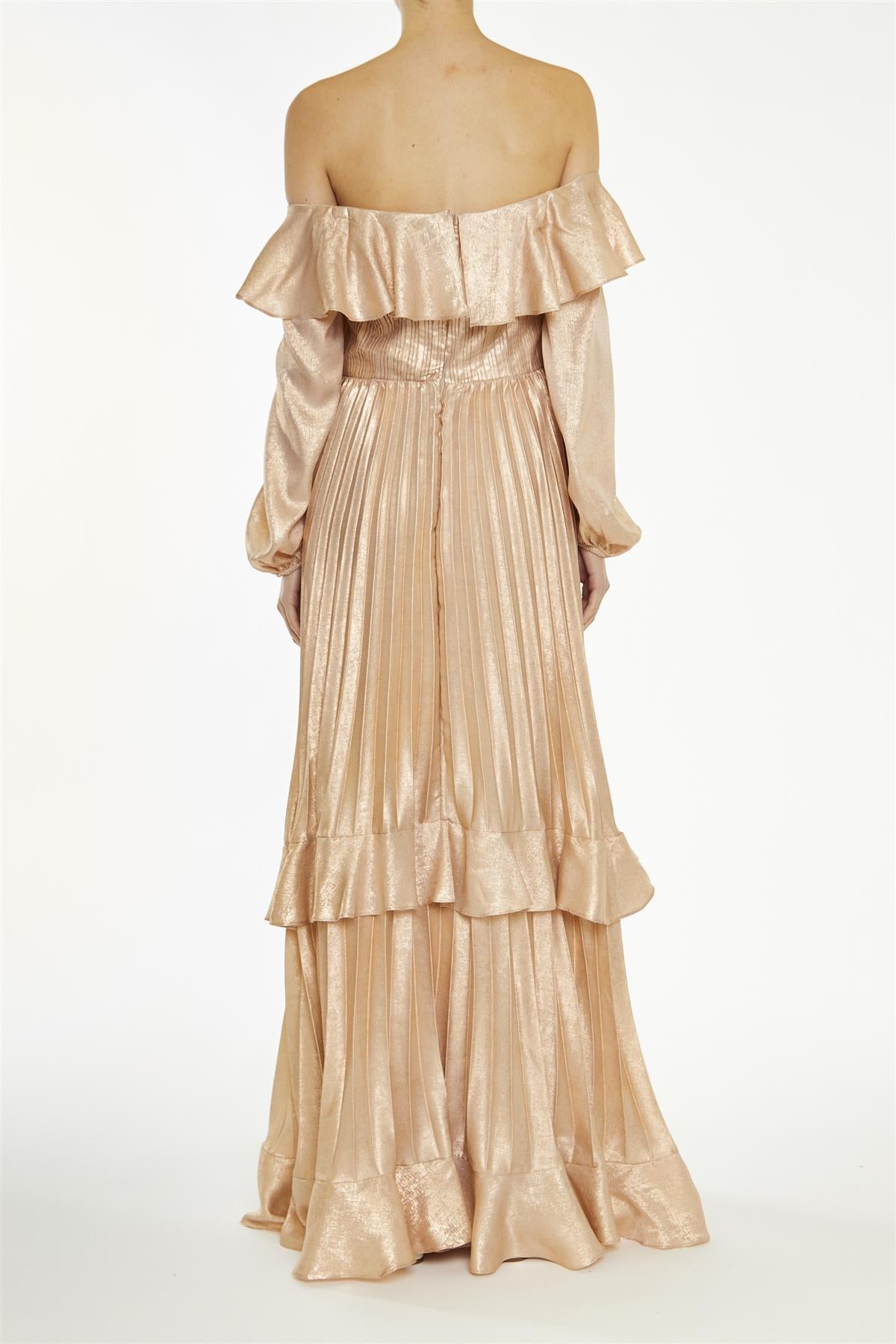 True Decadence Metallic-Copper Adrianna Pleated Bardot Maxi-Dress