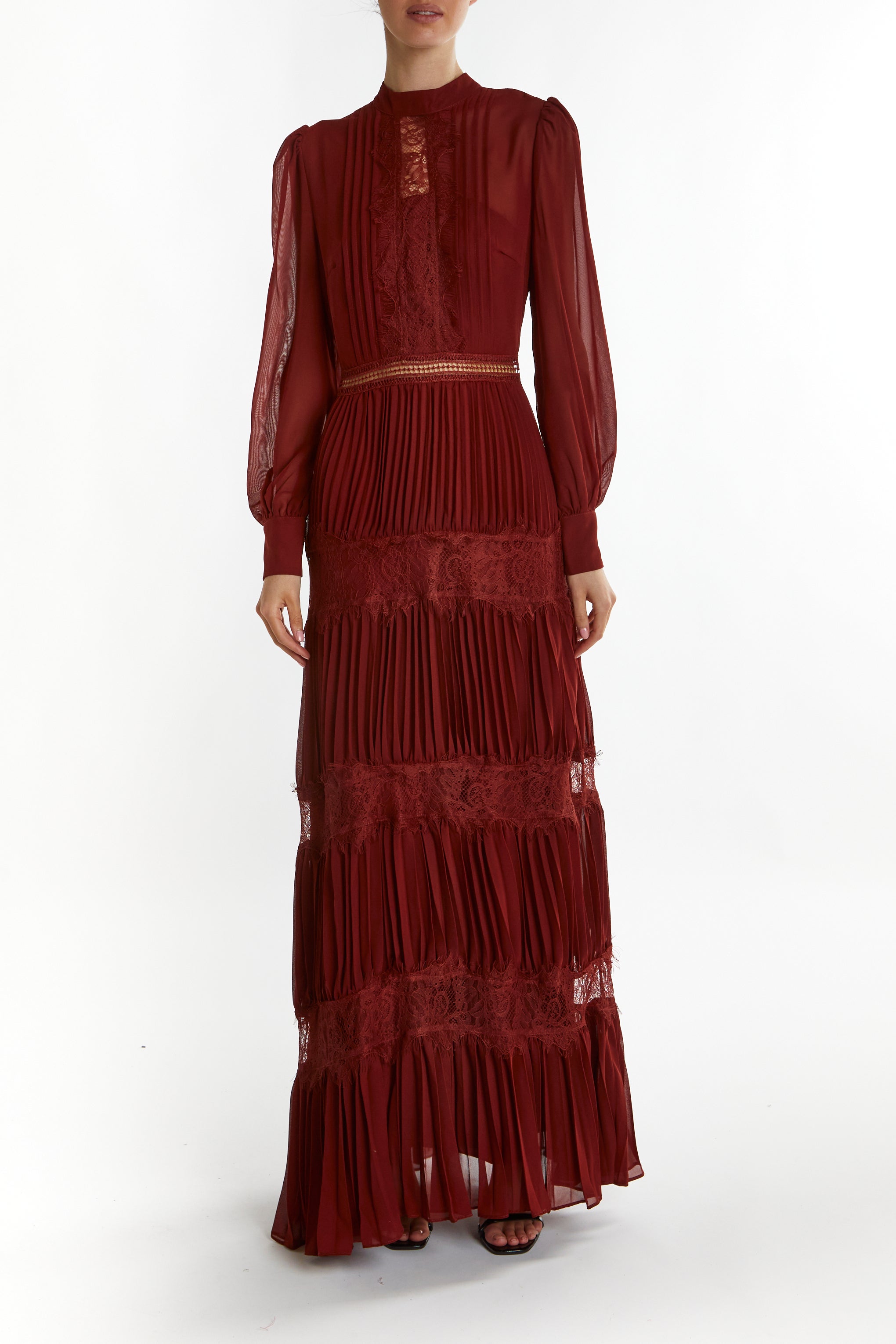 True Decadence Burgundy Holly High-Neck Pleated Maxi Dress