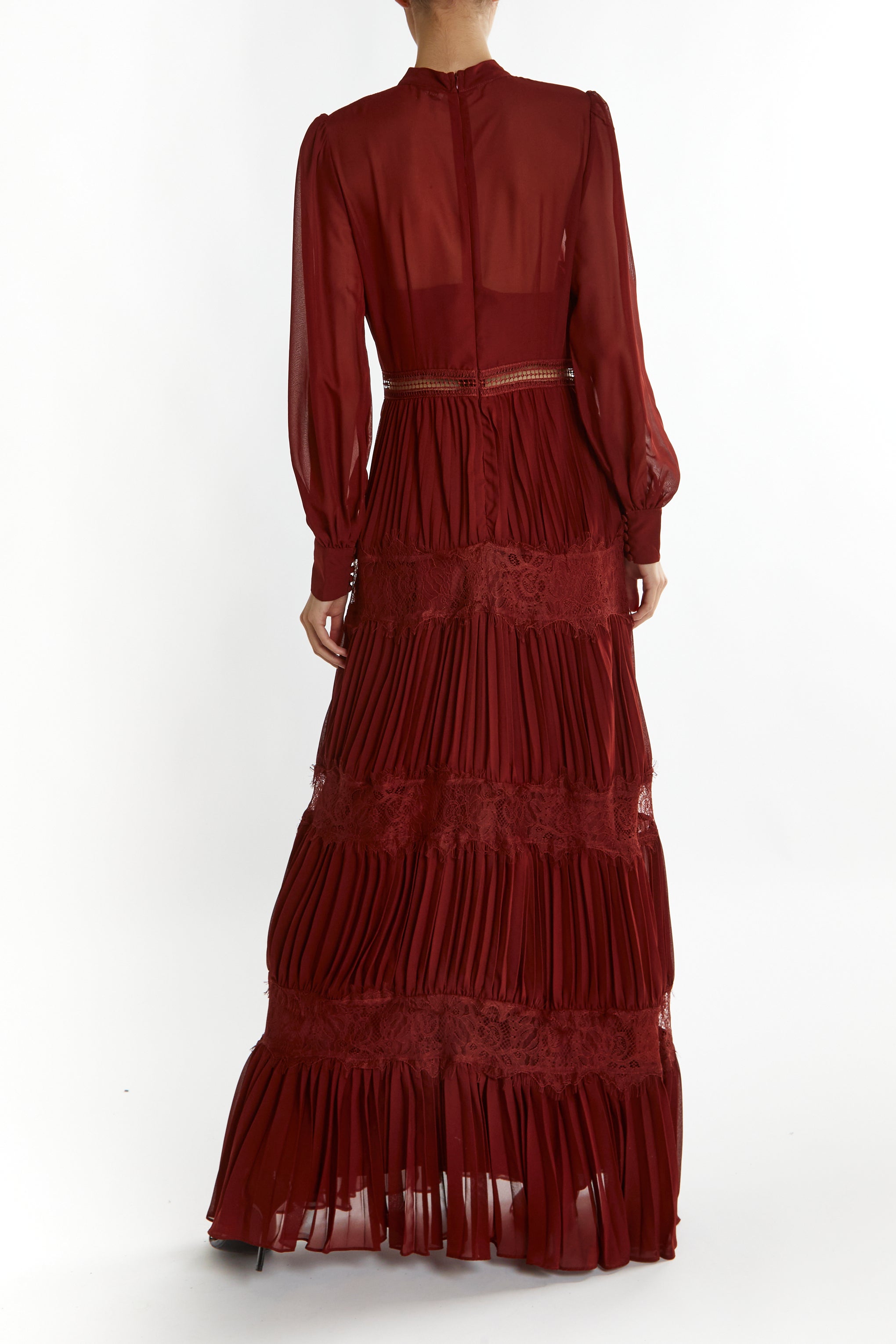 True Decadence Burgundy Holly High-Neck Pleated Maxi Dress