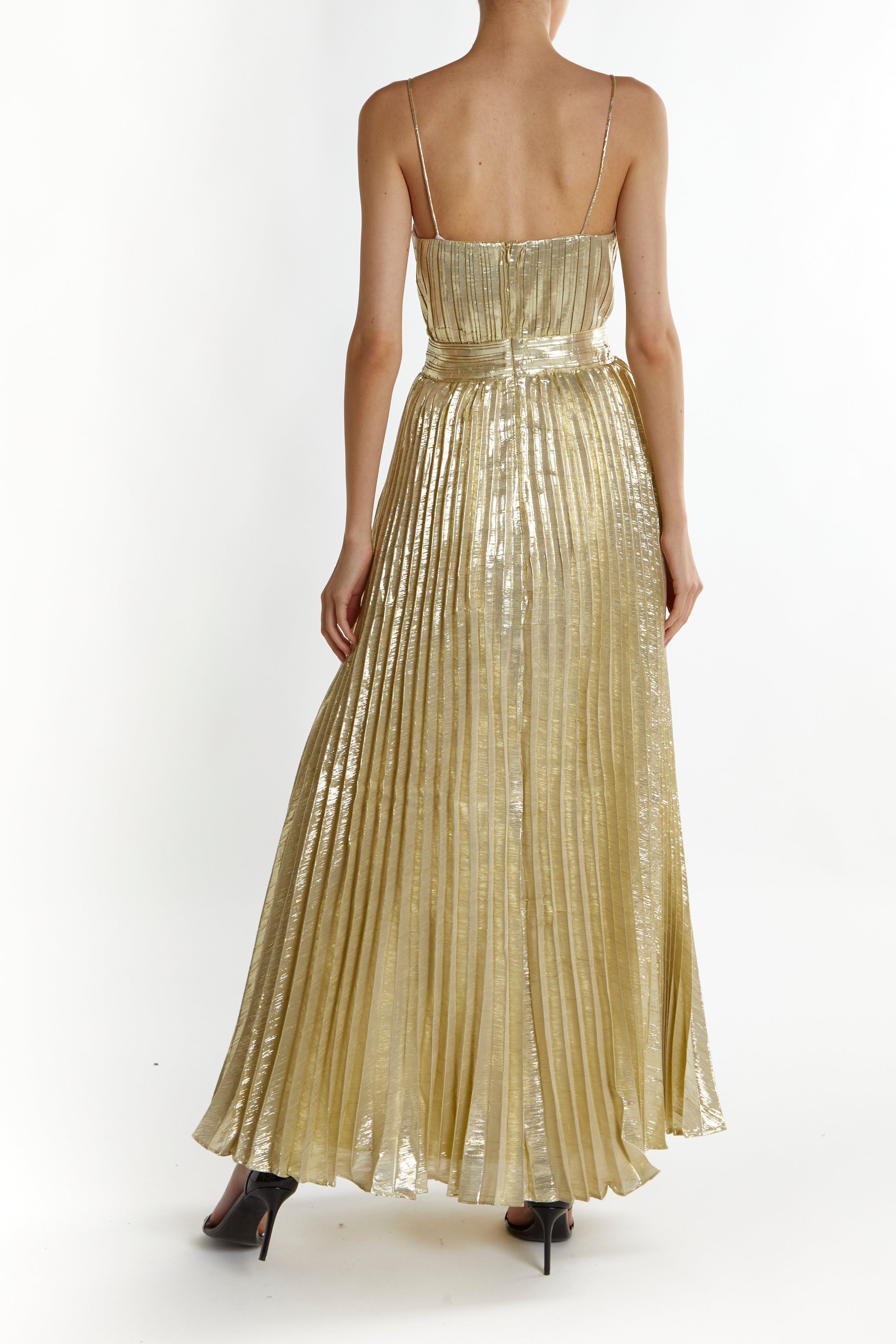 True Decadence Light-Gold Kate Crinkle Pleated Strappy Maxi Dress