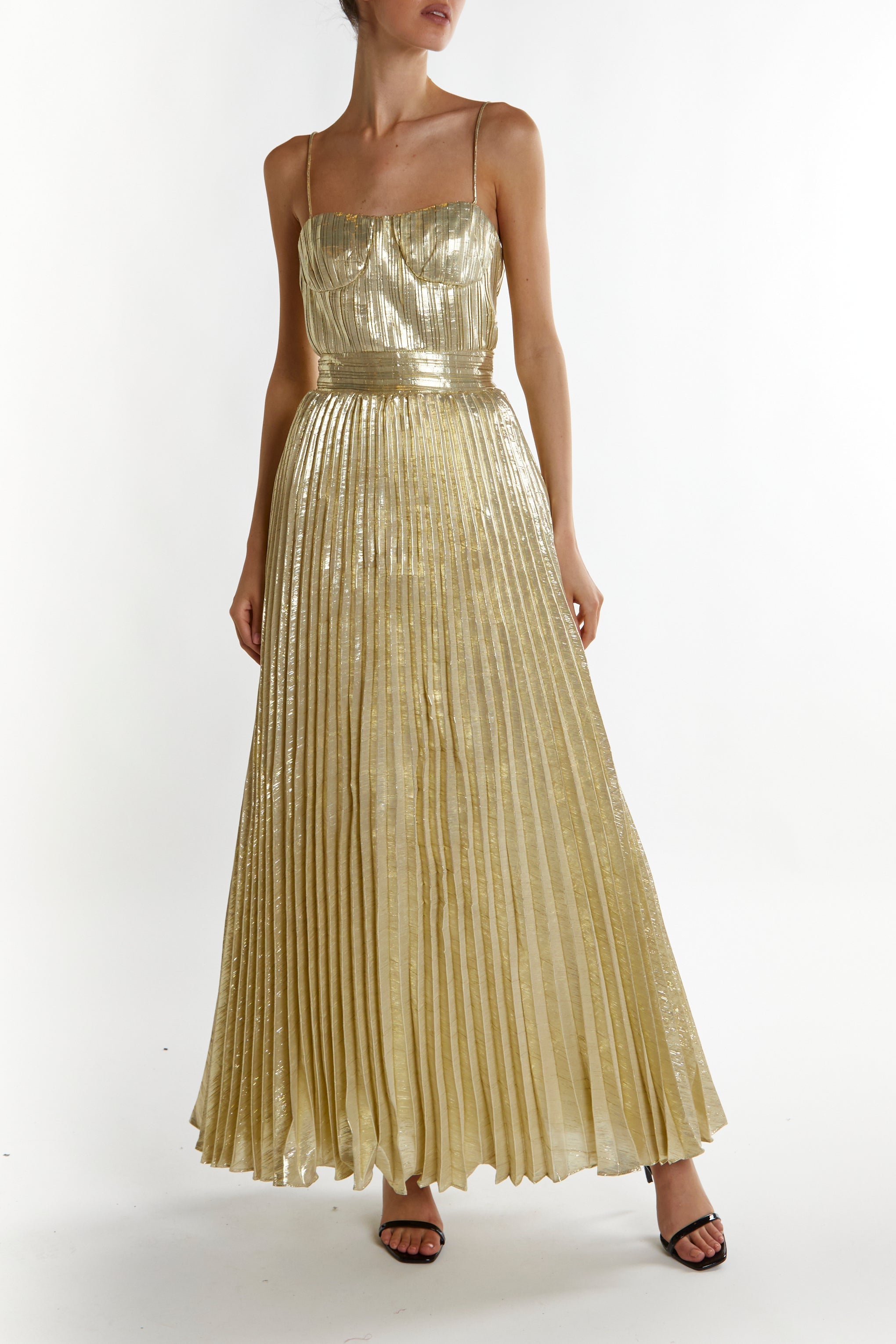 True Decadence Light-Gold Kate Crinkle Pleated Strappy Maxi Dress