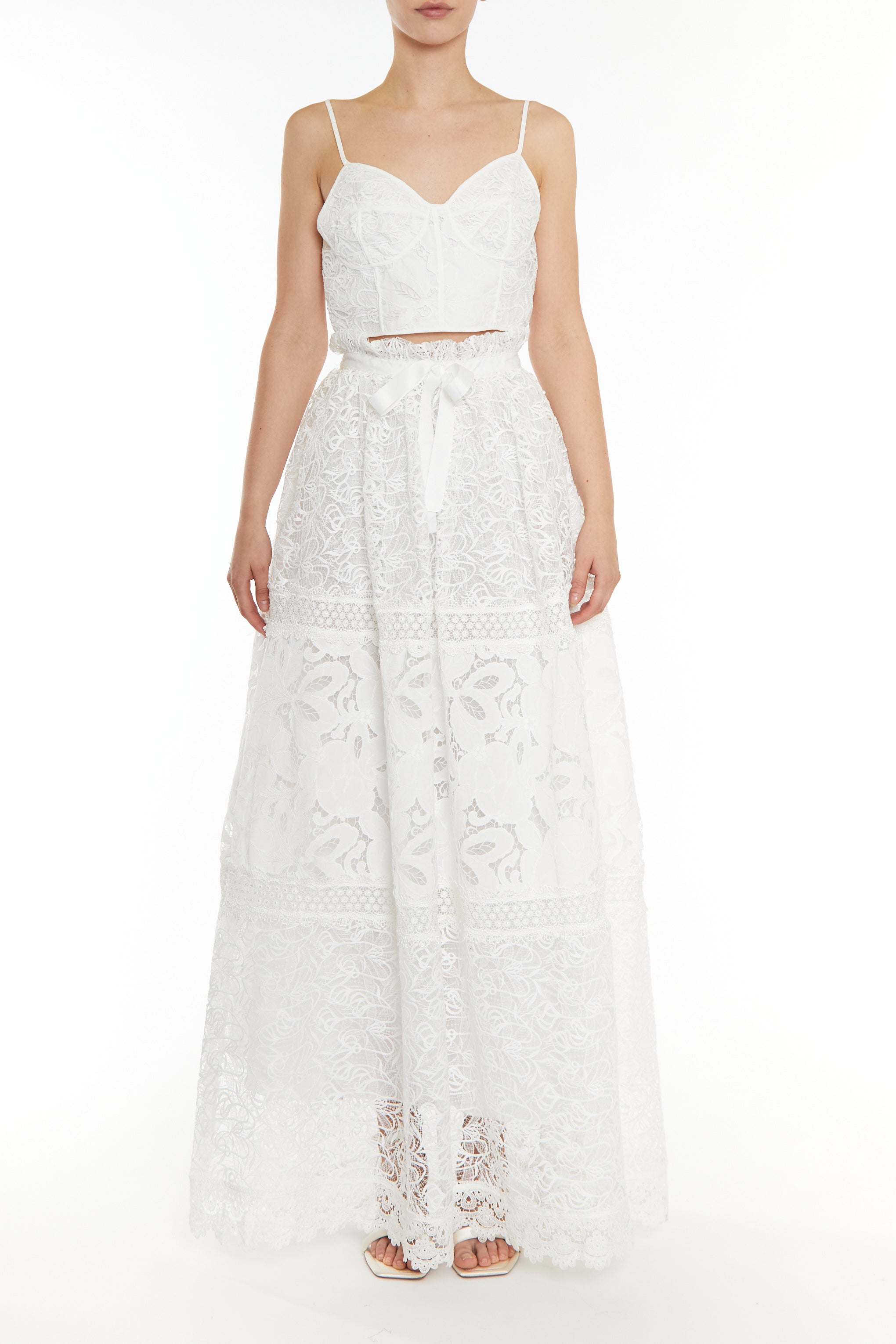 Melissa Co-ord White Patchwork lace Tie-Waist Maxi Skirt-image-1