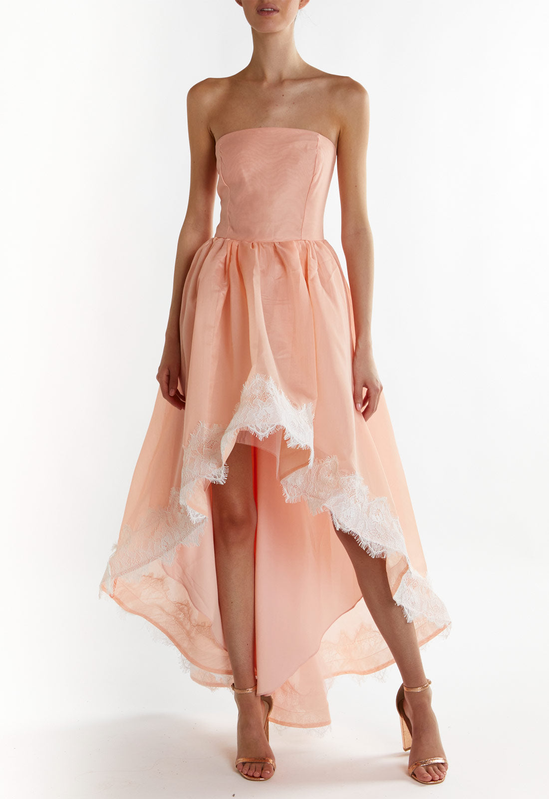 True Decadence Dusty-Peach Leila Hi-Low Bandeau Midi Dress