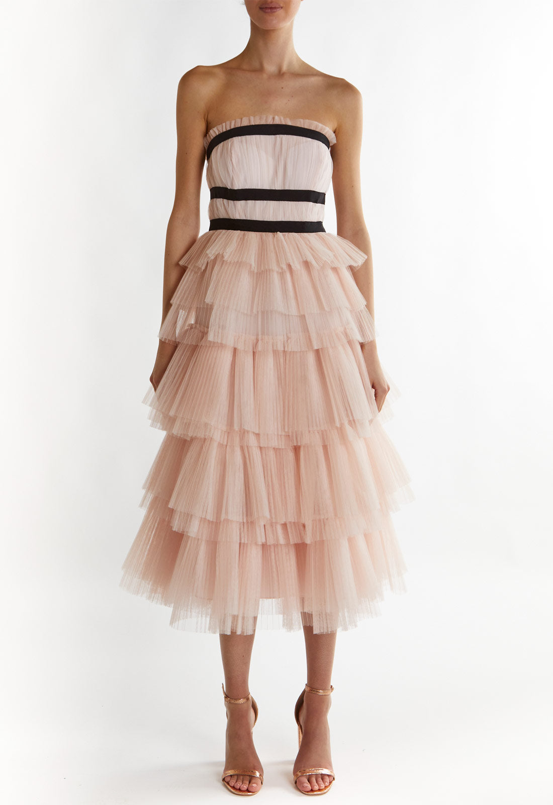 True Decadence Peach Brianna Bandeau-Pleated Midi Dress