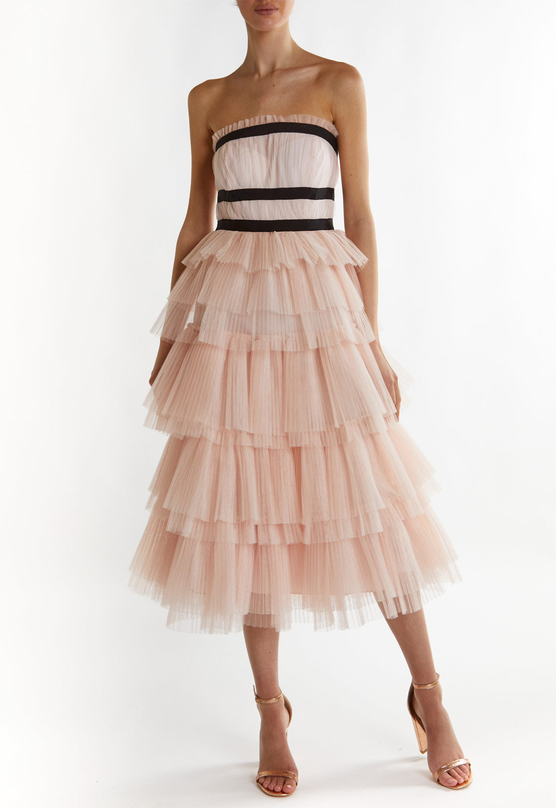 True Decadence Peach Brianna Bandeau-Pleated Midi Dress