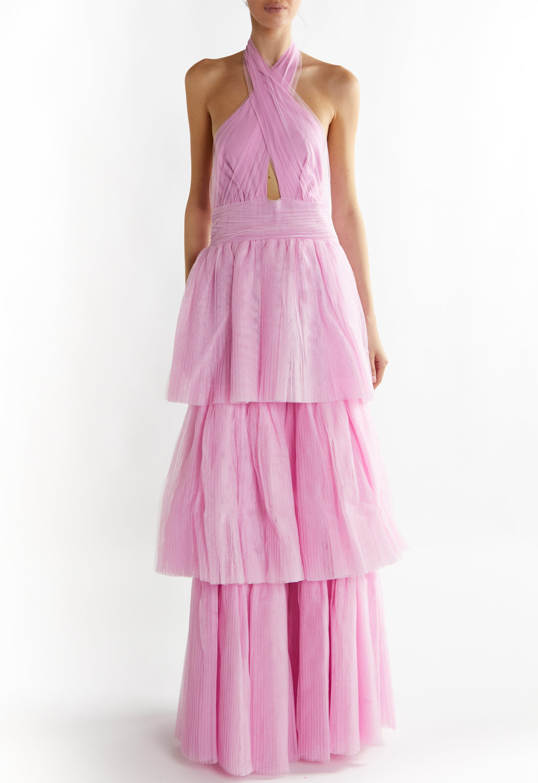 True Decadence Pink Luciana Halter-Neck Tiered Maxi Dress