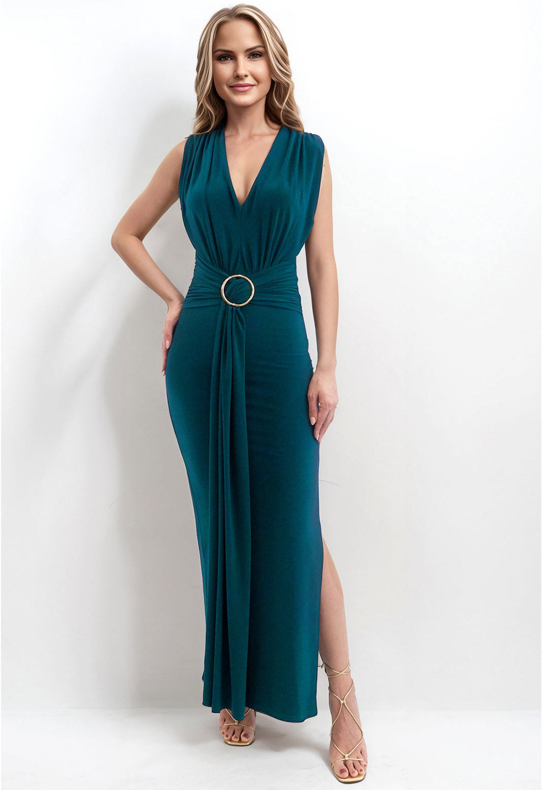 Honor Gold Green Amor Plunge Front Maxi Dress