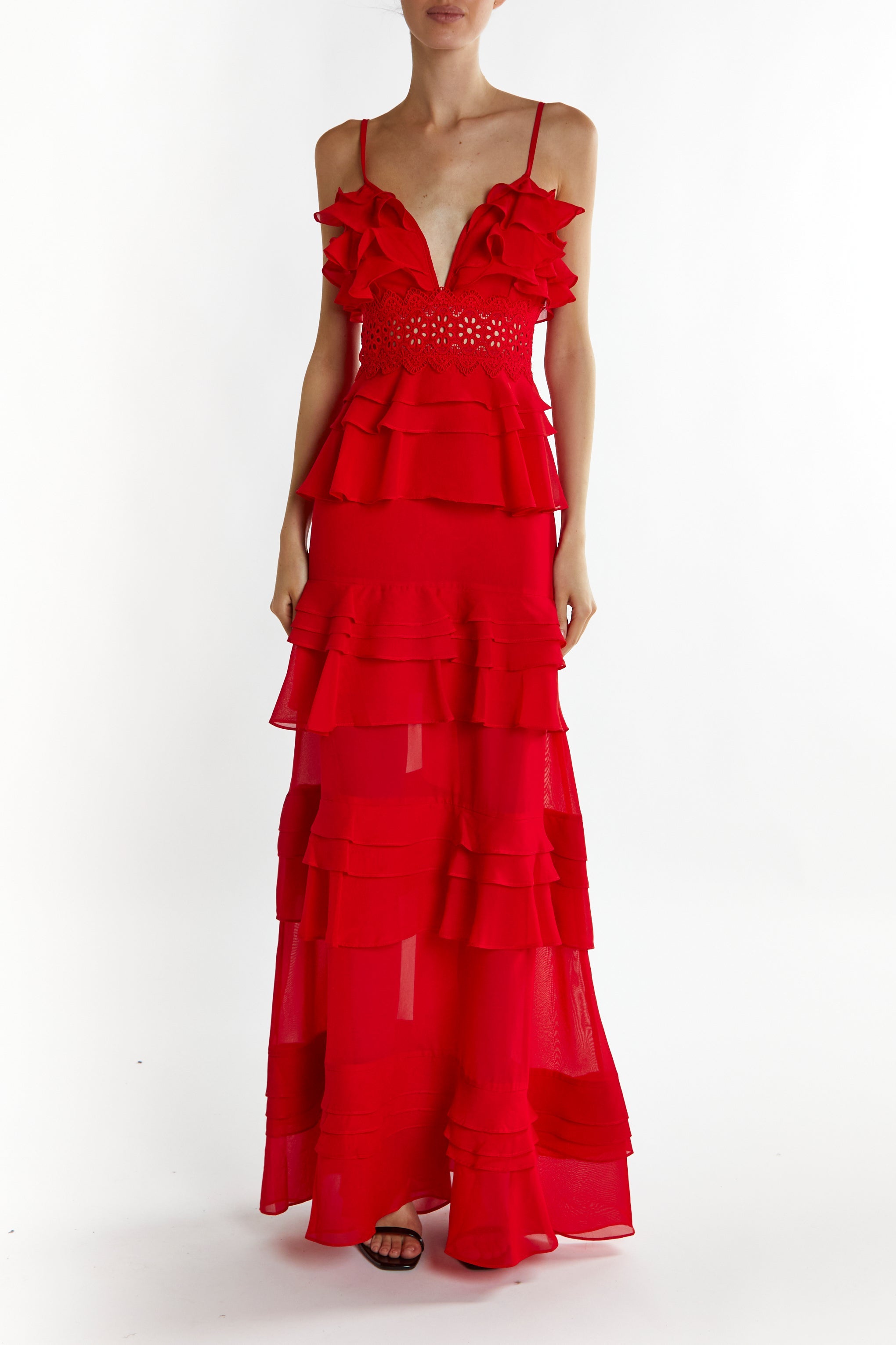 True Decadence Red Sophia Plunge Front Tiered Ruffle Maxi-Dress