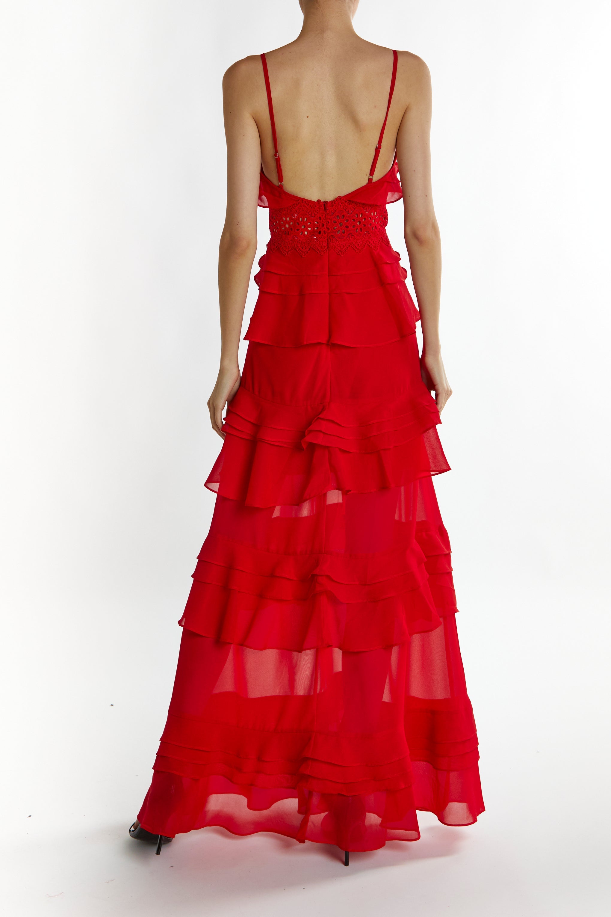 True Decadence Red Sophia Plunge Front Tiered Ruffle Maxi-Dress