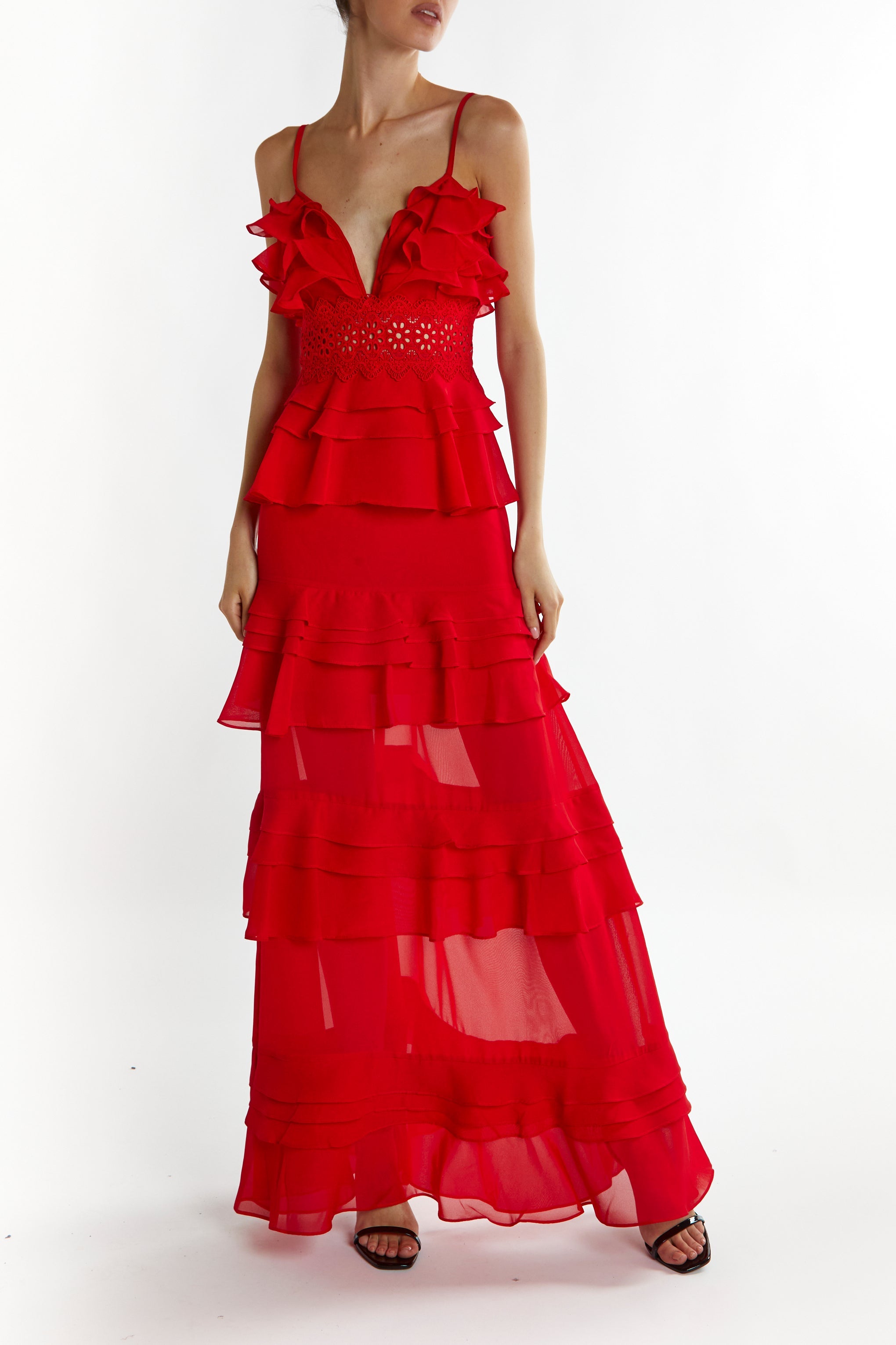 True Decadence Red Sophia Plunge Front Tiered Ruffle Maxi-Dress