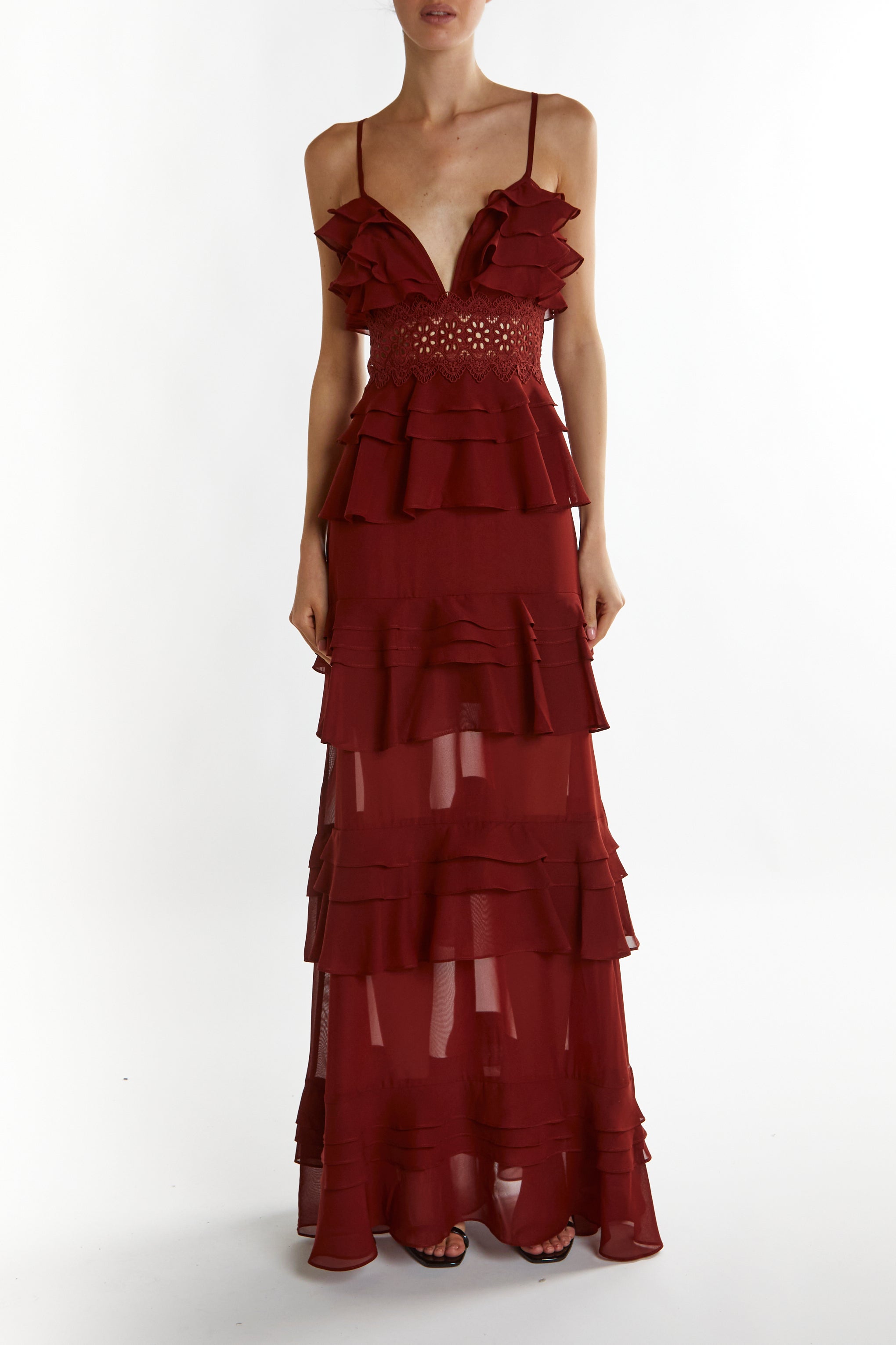 True Decadence Burgundy Sophia Plunge Front Tiered Ruffle Maxi-Dress