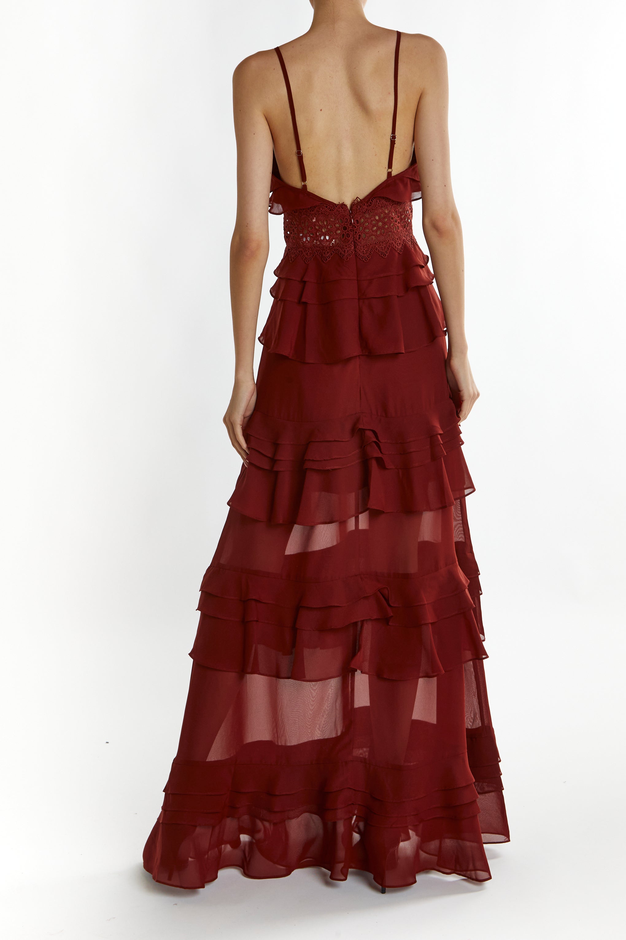 True Decadence Burgundy Sophia Plunge Front Tiered Ruffle Maxi-Dress