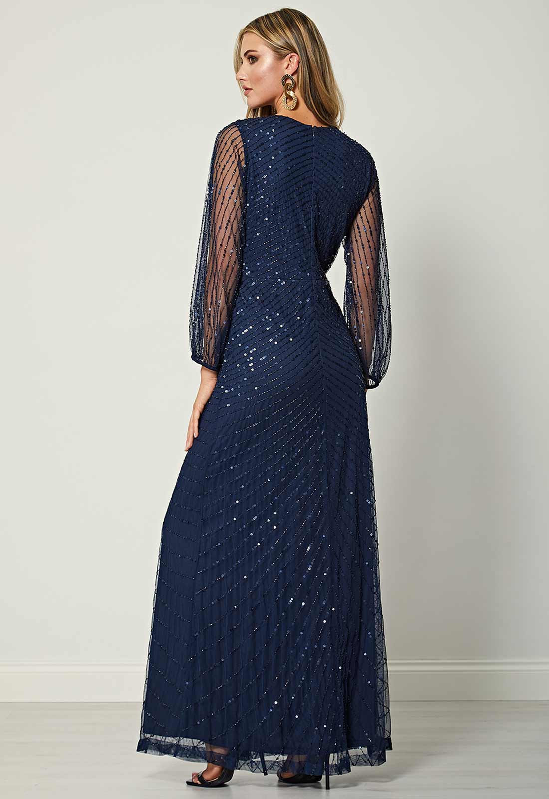 AngelEye Navy Mesh Sleeves Sequin Maxi Dress