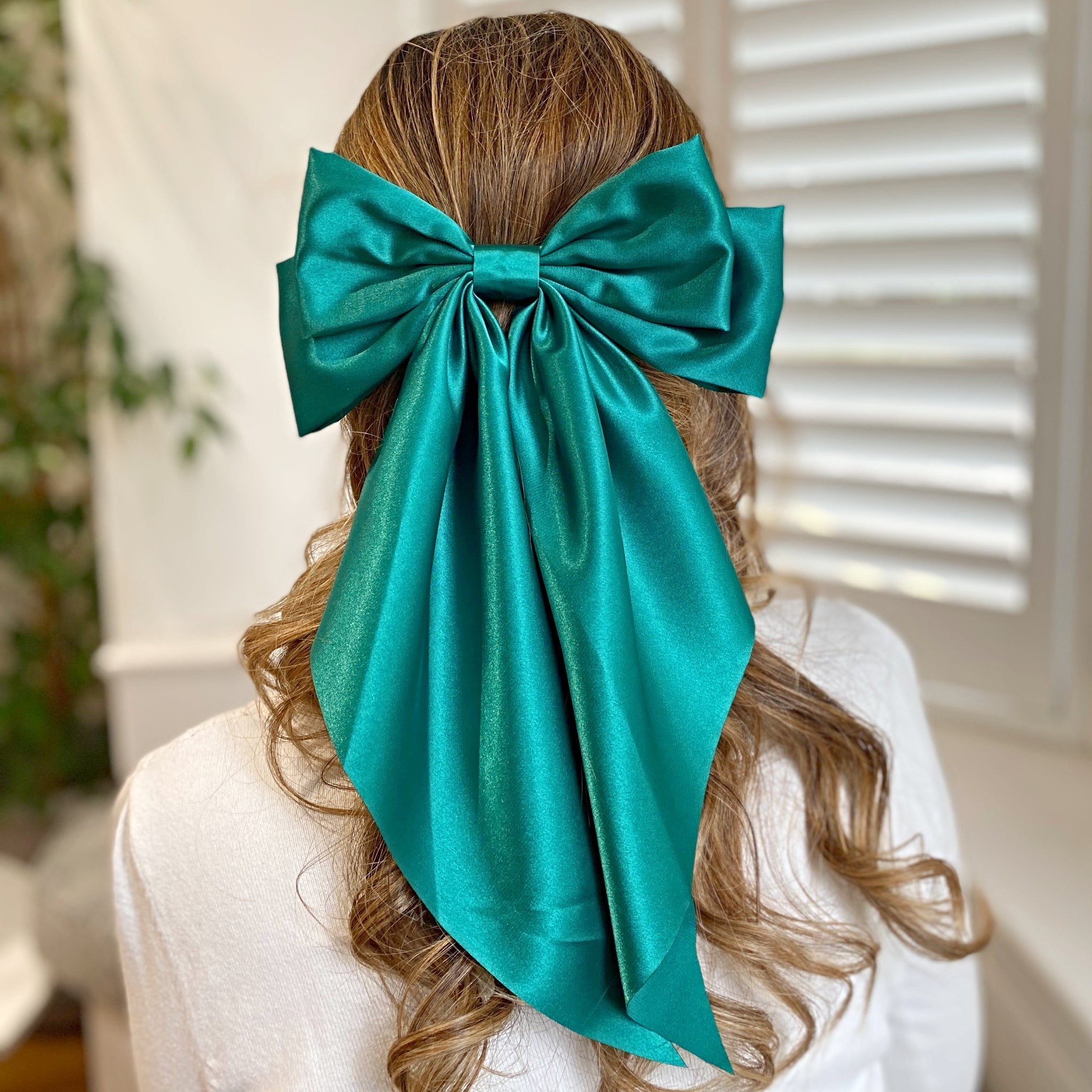 QueenMee Green Satin Hair Bow Green Hair Clip Long Bow