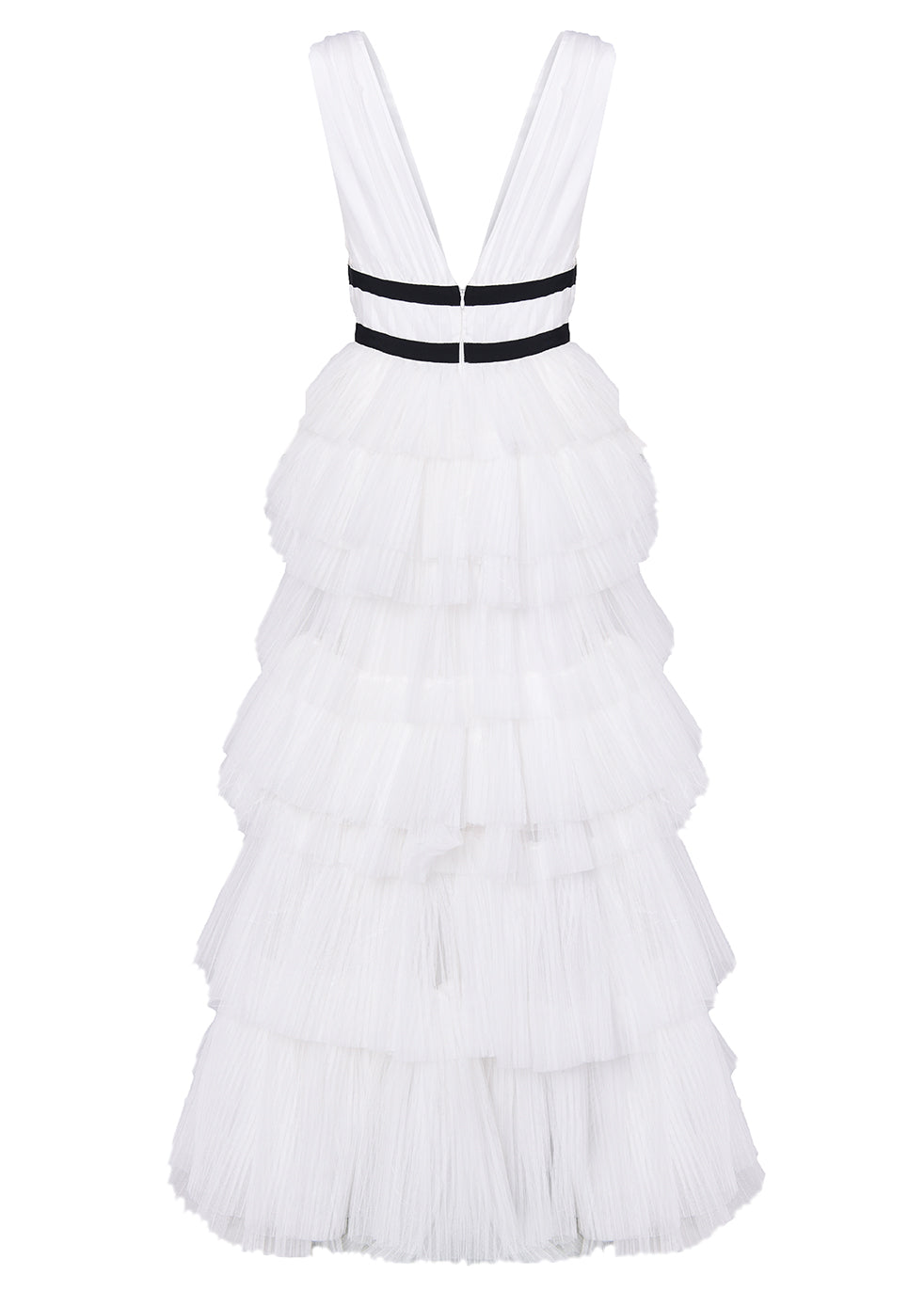 Eliza White Fully Lined Plunging Neck Maxi Dress with Layered Tulle Skirt-image-4