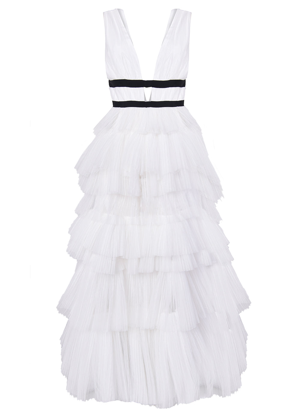 Eliza White Fully Lined Plunging Neck Maxi Dress with Layered Tulle Skirt-image-3