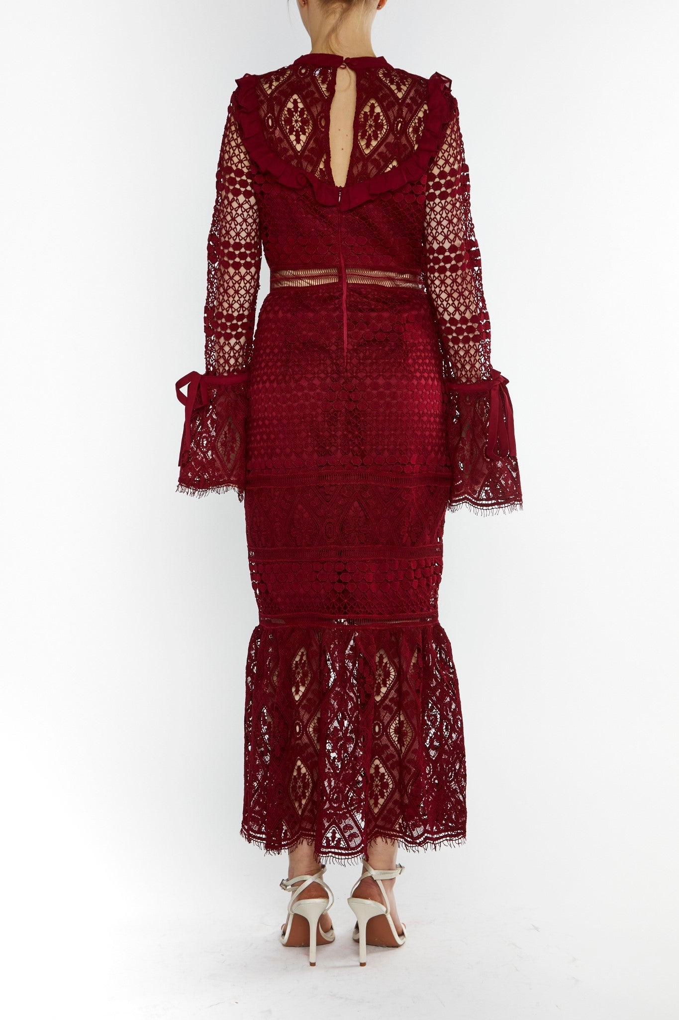 True Decadence Burgundy Jenna Peplum-Sleeve Lace Midi Dress