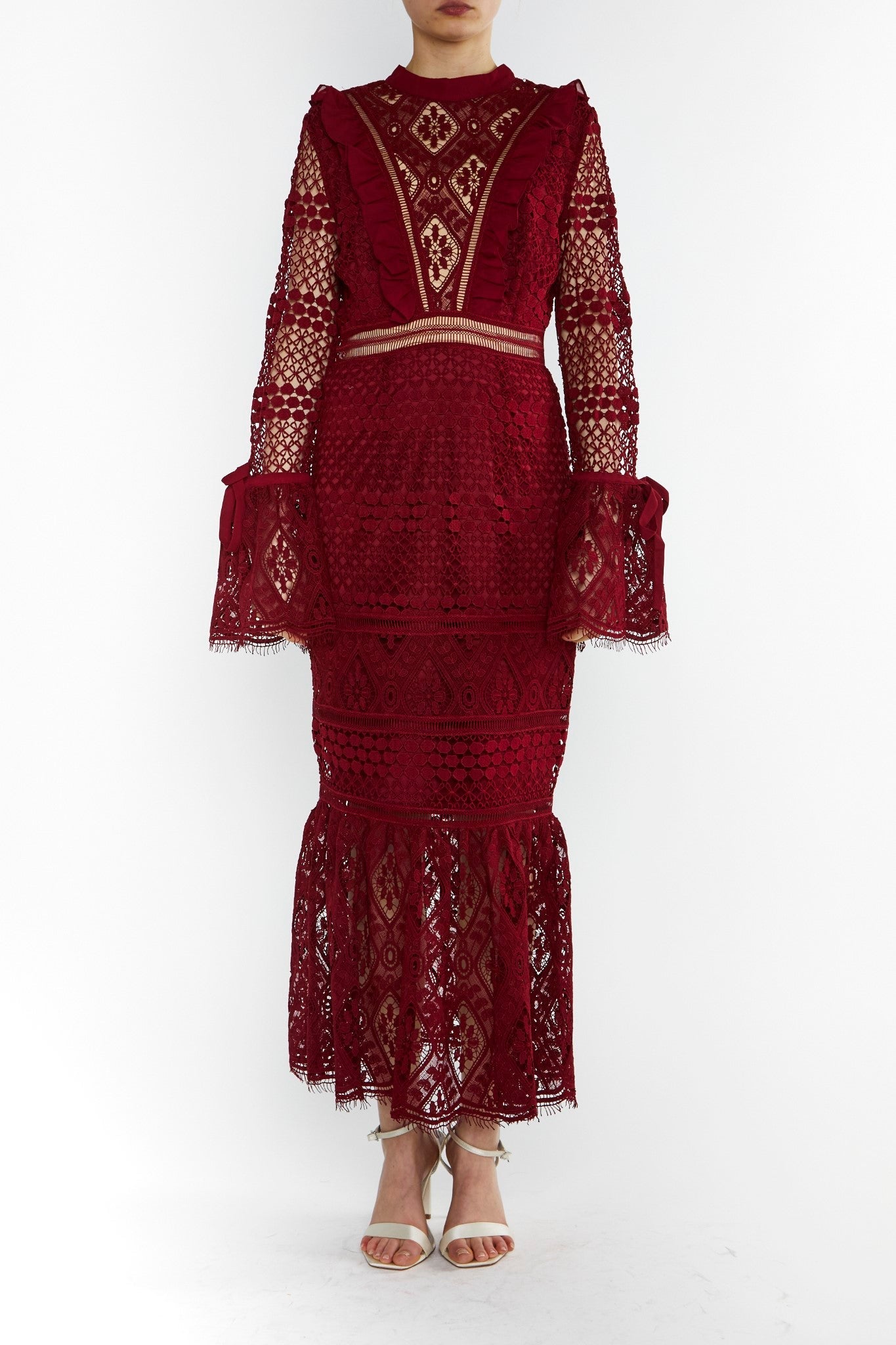 True Decadence Burgundy Jenna Peplum-Sleeve Lace Midi Dress